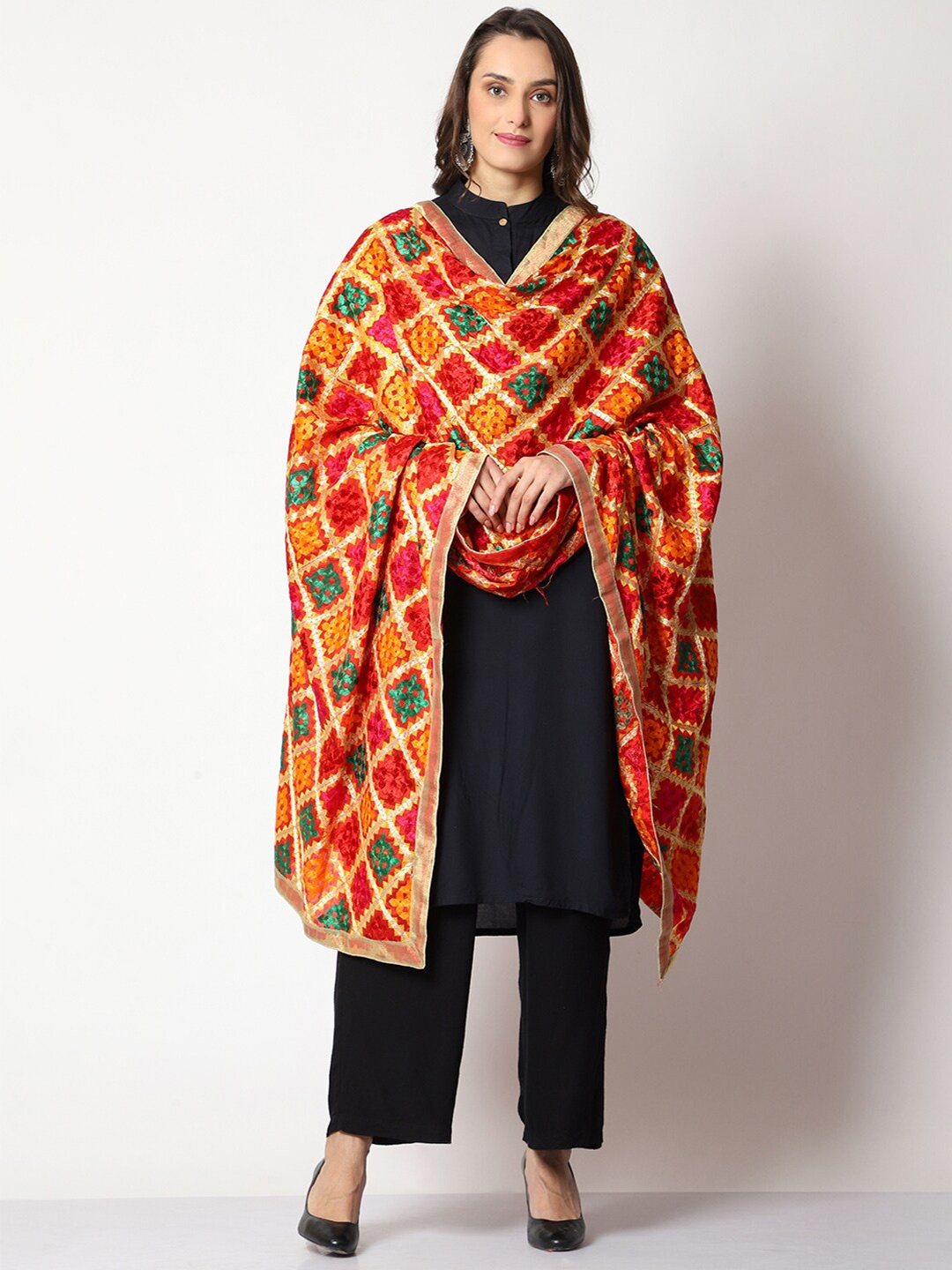 

WEAVERS VILLA Embroidered Art Silk Dupatta with Phulkari, Red