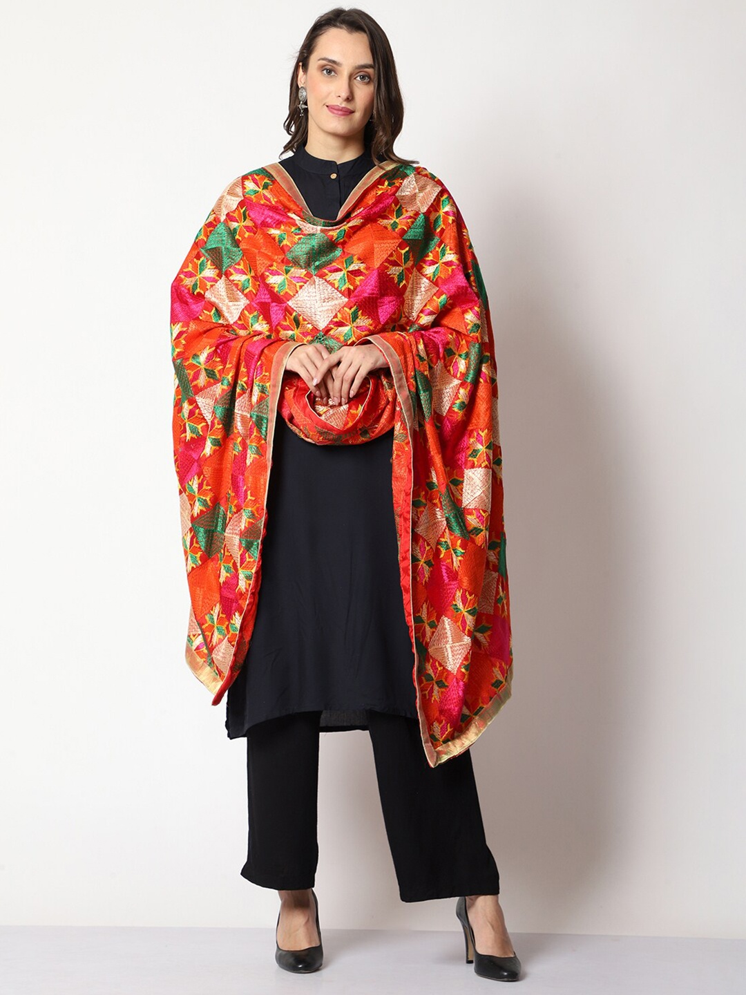 

WEAVERS VILLA Ethnic Motifs Embroidered Art Silk Dupatta with Phulkari, Olive