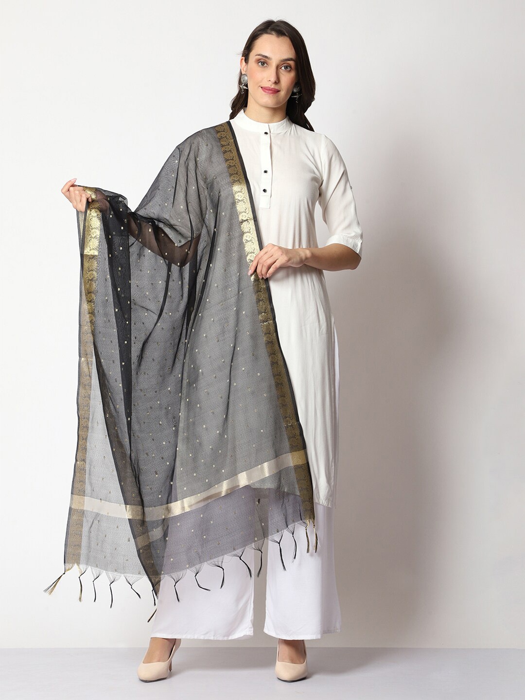 

WEAVERS VILLA Woven Design Cotton Silk Dupatta With Zari, Black