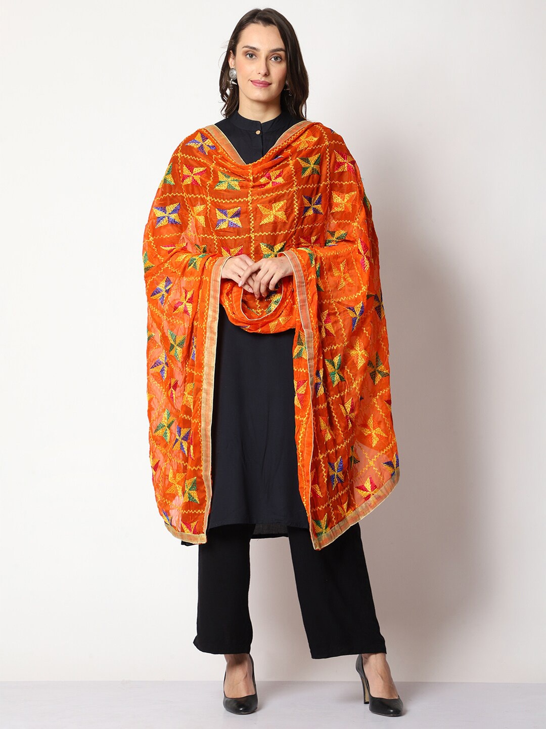 

WEAVERS VILLA Embroidered Dupatta with Phulkari, Orange