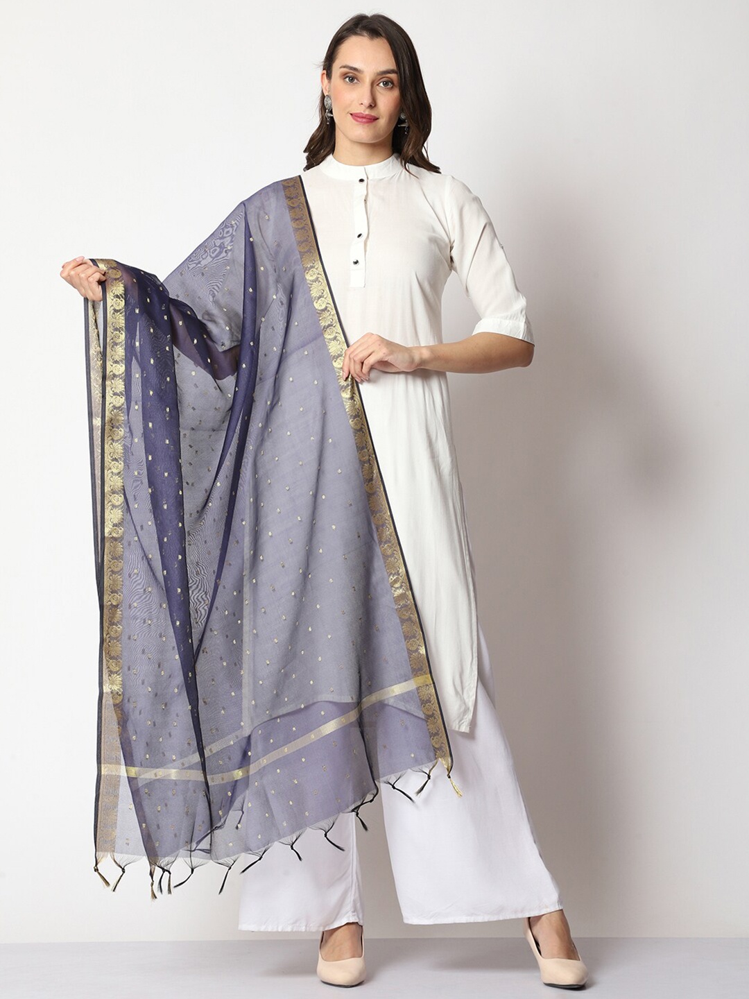 

WEAVERS VILLA Woven Design Cotton Silk Dupatta with Zari, Navy blue