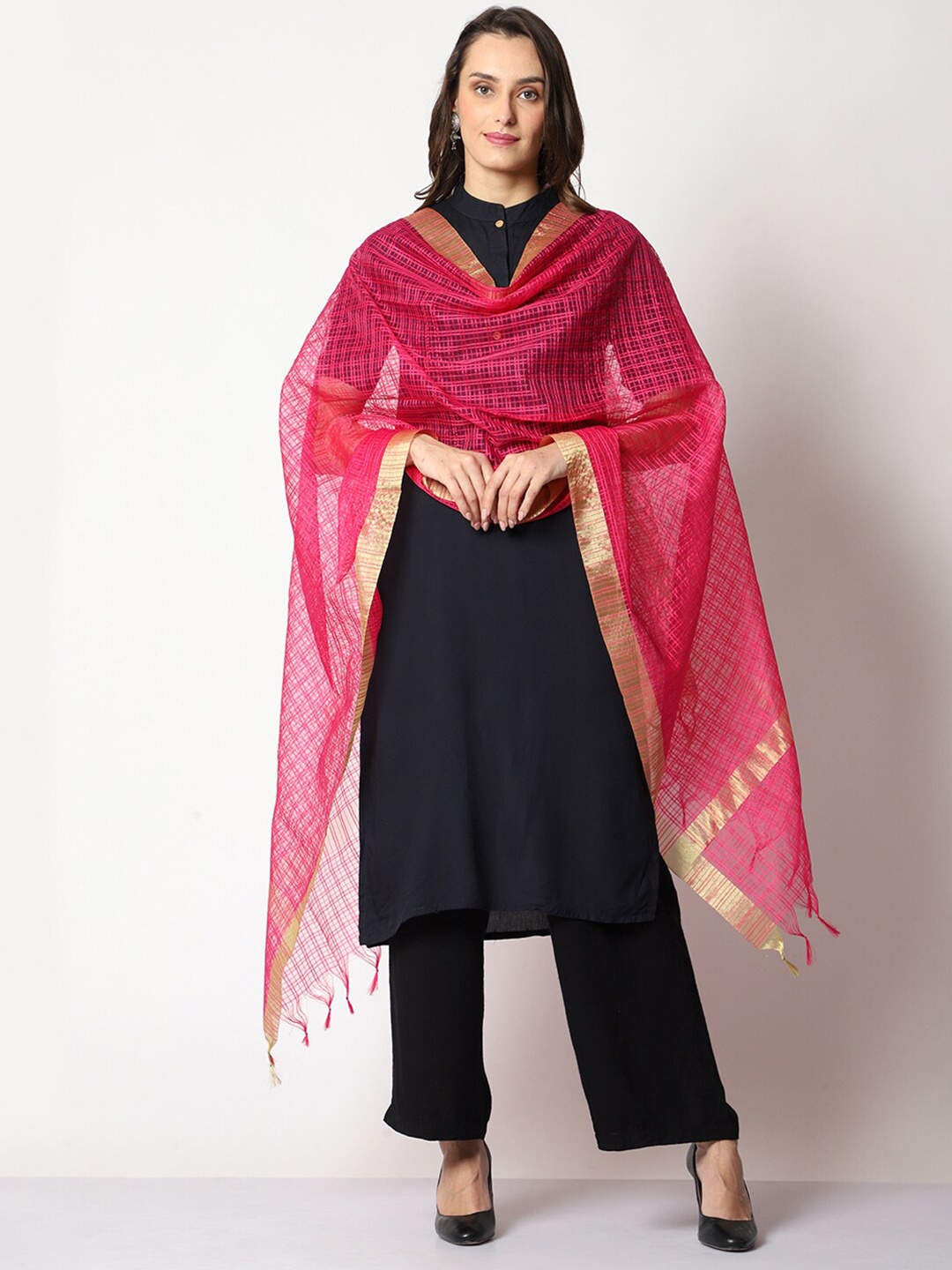 

WEAVERS VILLA Checked Cotton Silk Dupatta with Zari, Magenta