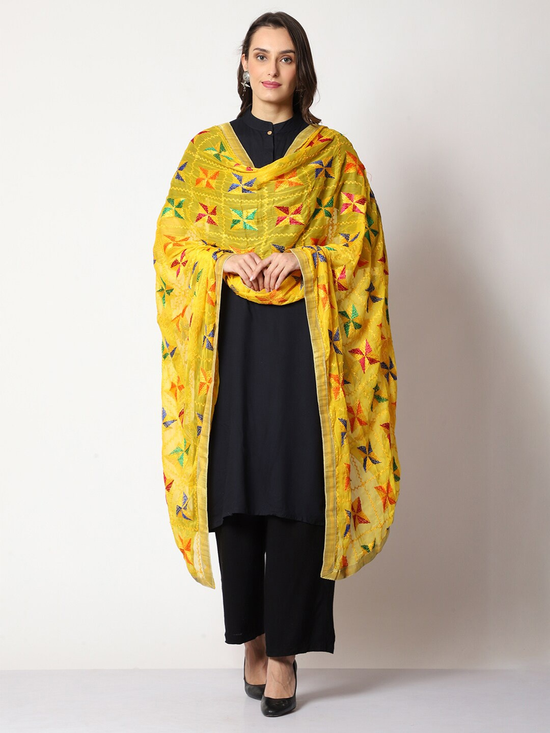 

WEAVERS VILLA Floral Embroidered Dupatta With Phulkari, Yellow