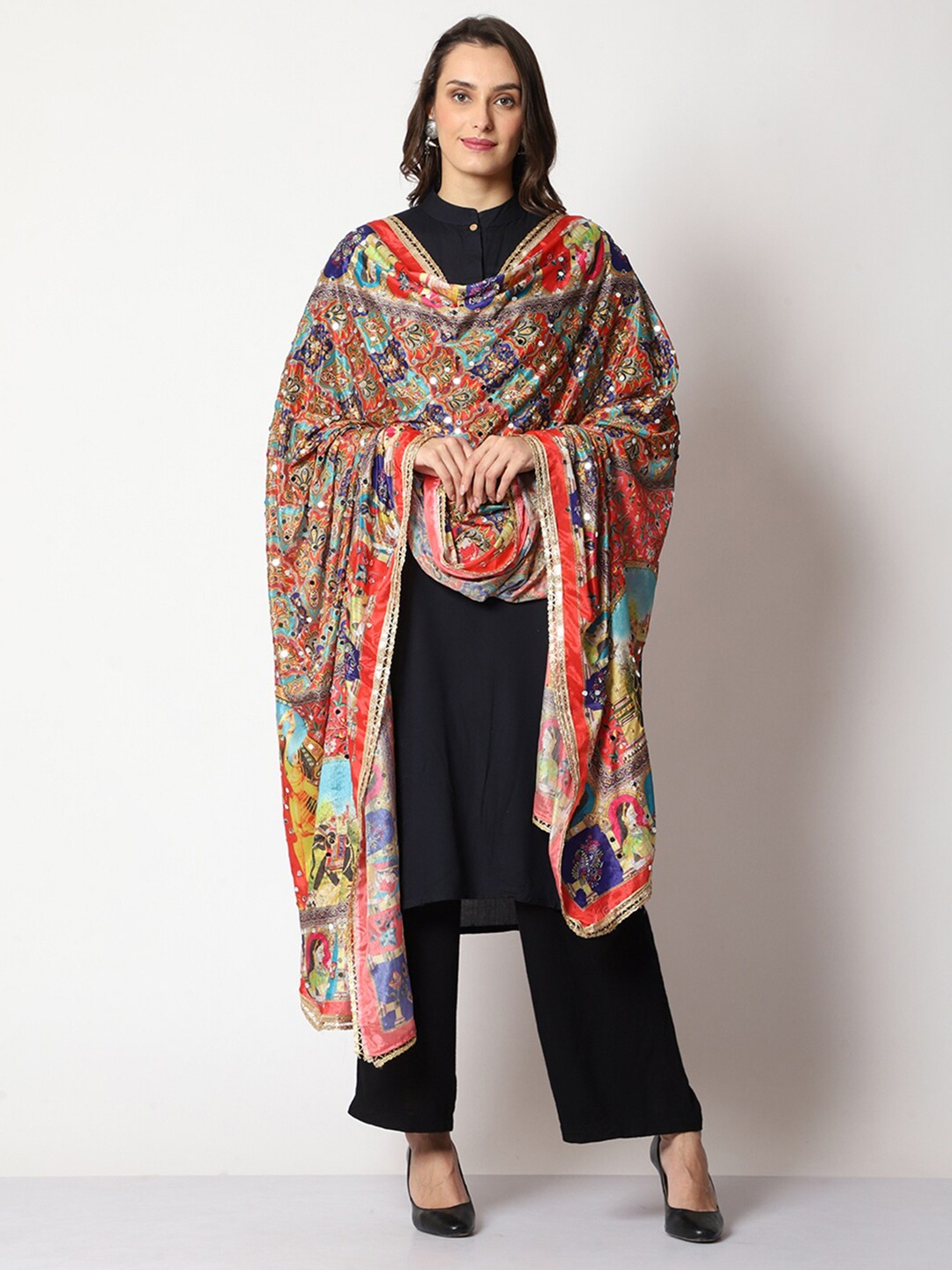 

WEAVERS VILLA Ethnic Motifs Printed Dupatta with Mirror Work, Rose gold