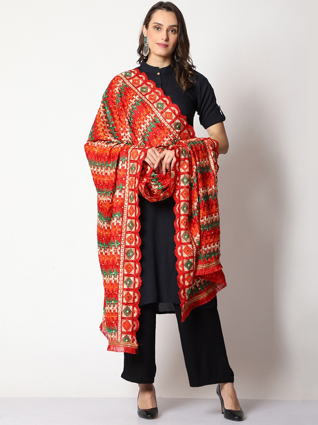 

WEAVERS VILLA Ethnic Motifs Embroidered Art Silk Dupatta, Red
