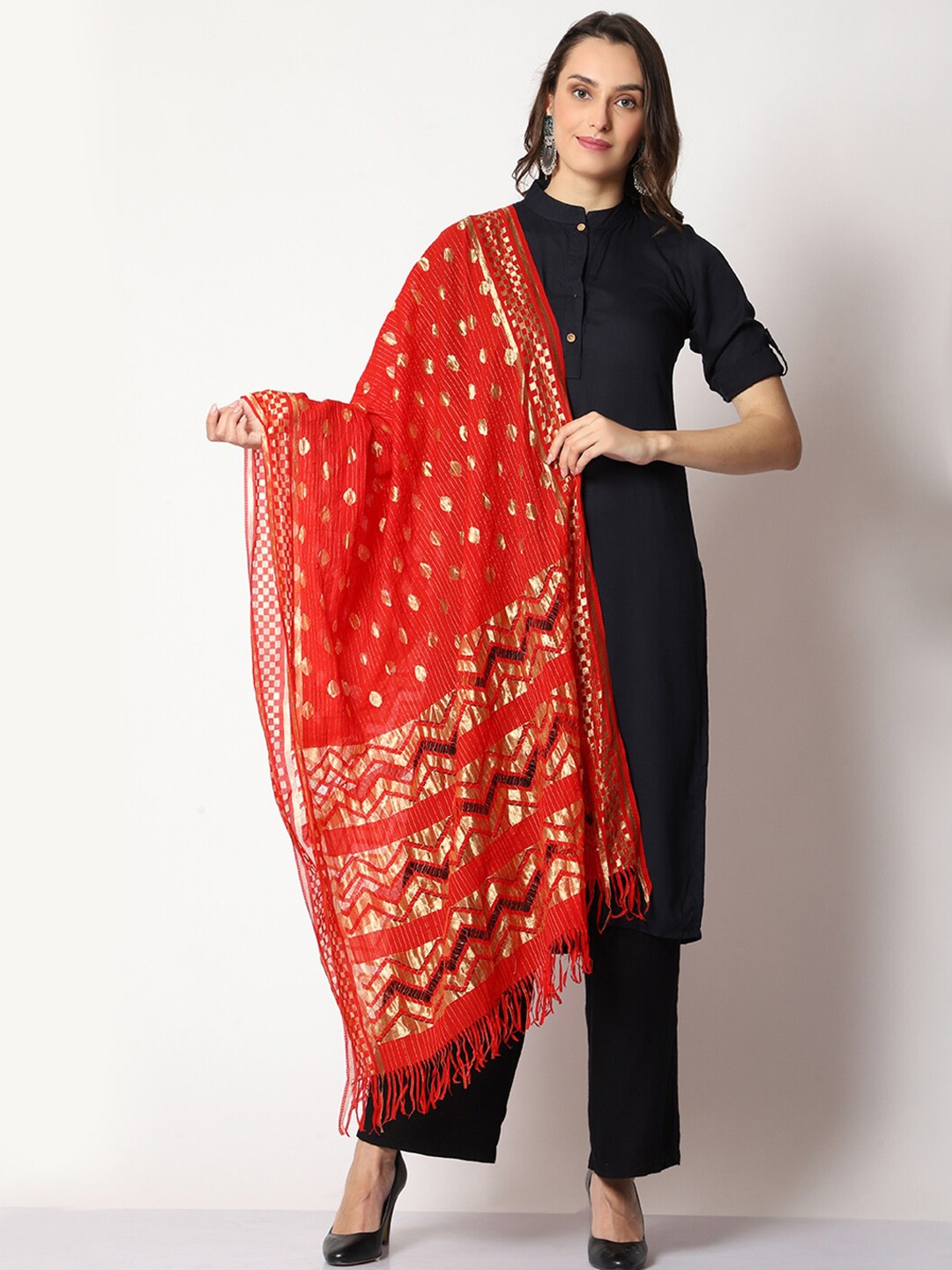 

WEAVERS VILLA Woven Design Cotton Silk Leheriya Dupatta with Zari, Red