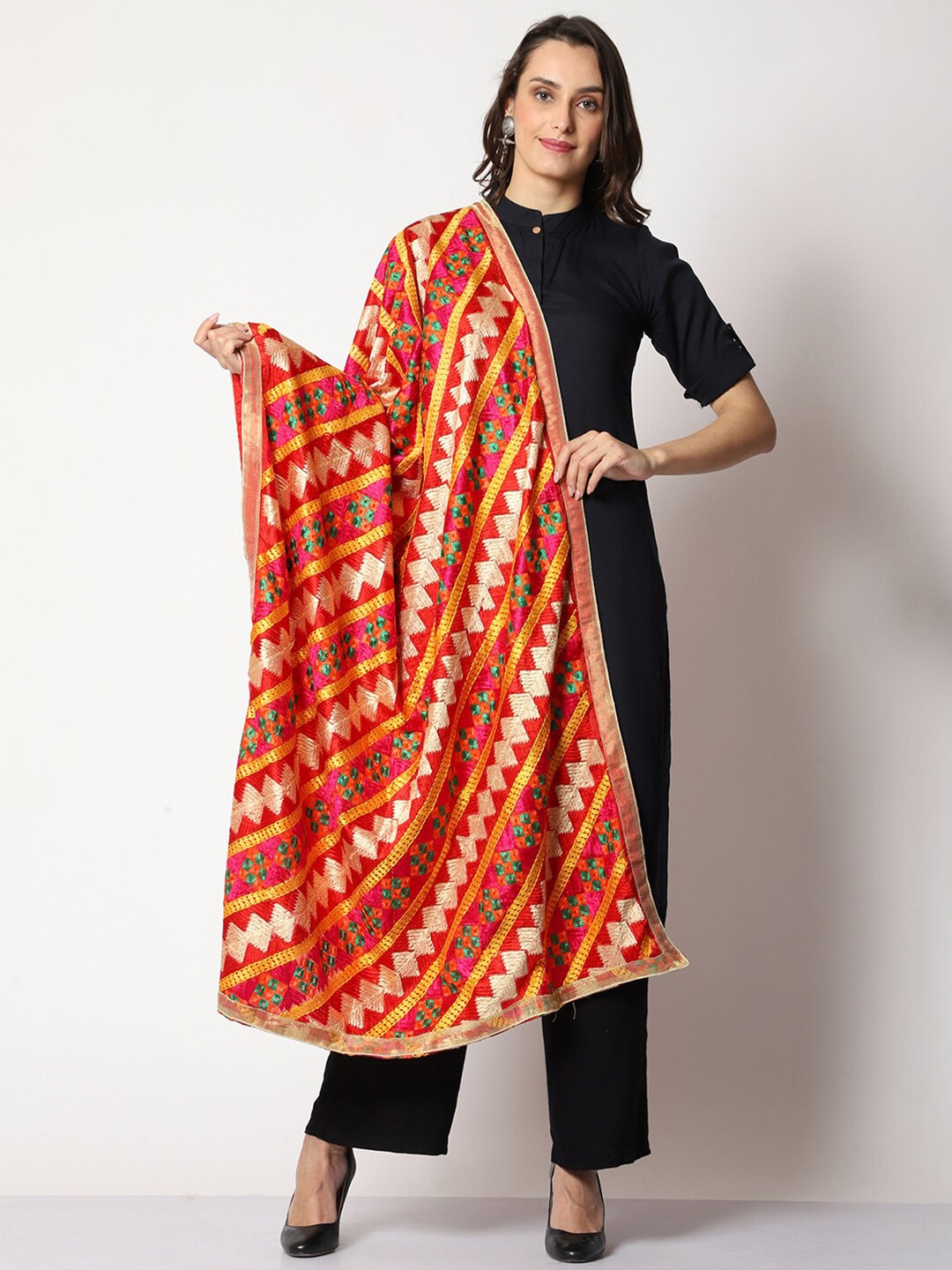 

WEAVERS VILLA Embroidered Art Silk Dupatta with Phulkari, Red
