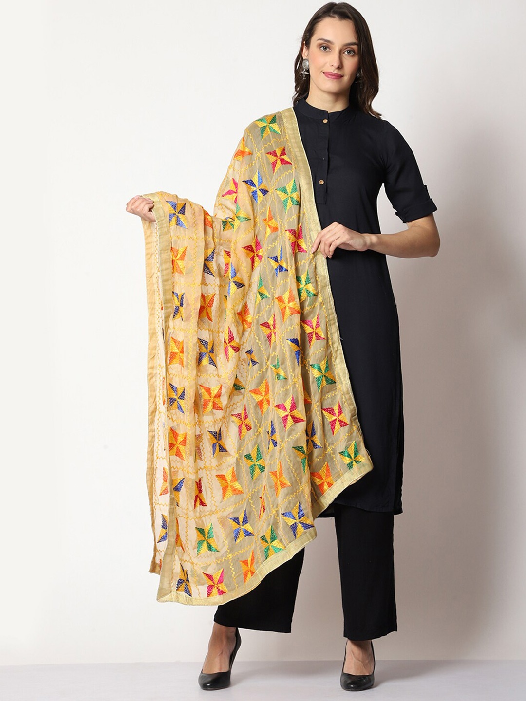 

WEAVERS VILLA Embroidered Dupatta with Phulkari, Beige