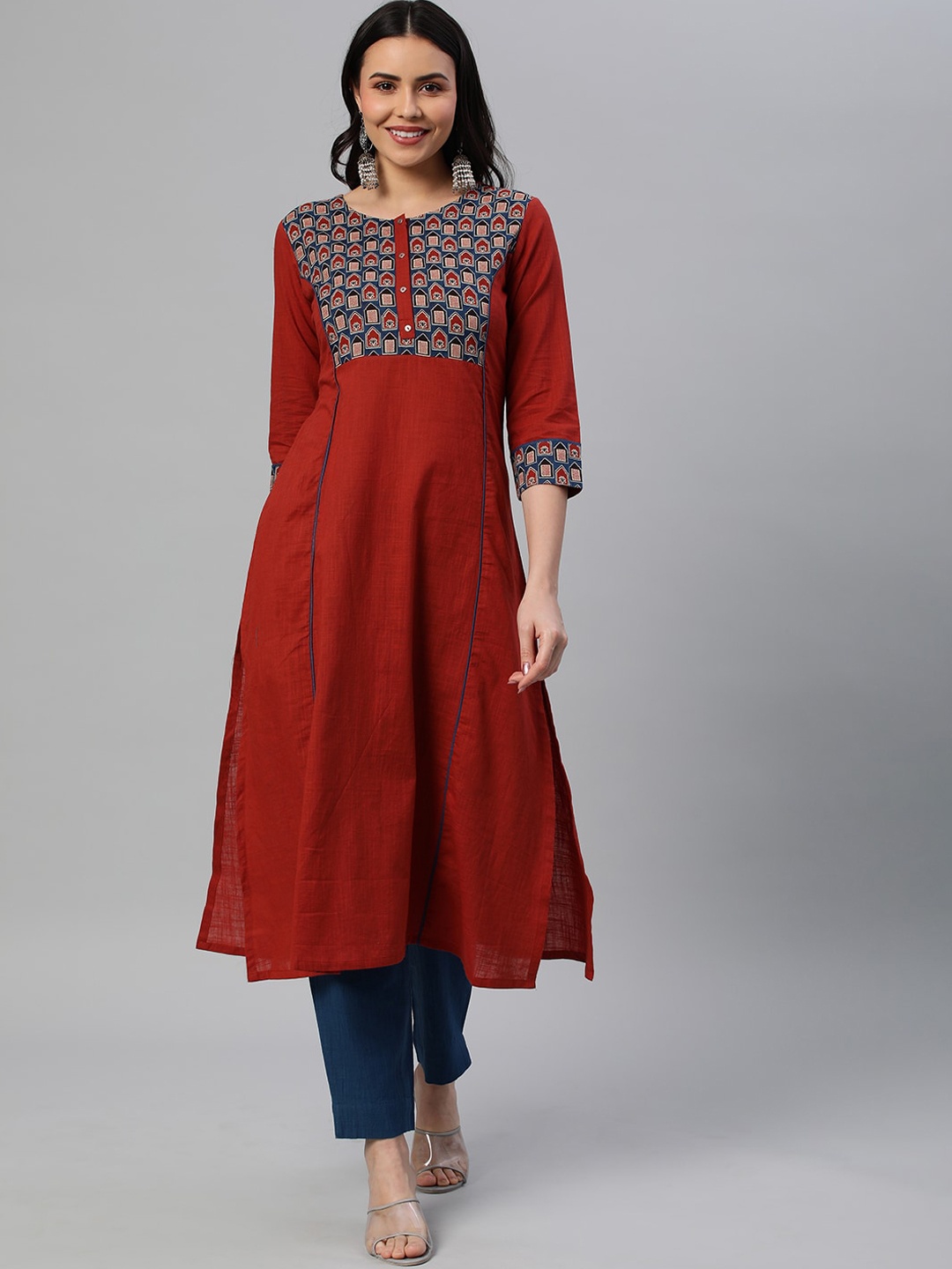 

KAMI KUBI Ethnic Motif Yoke Design Anarkali Pure Cotton Kurta, Maroon