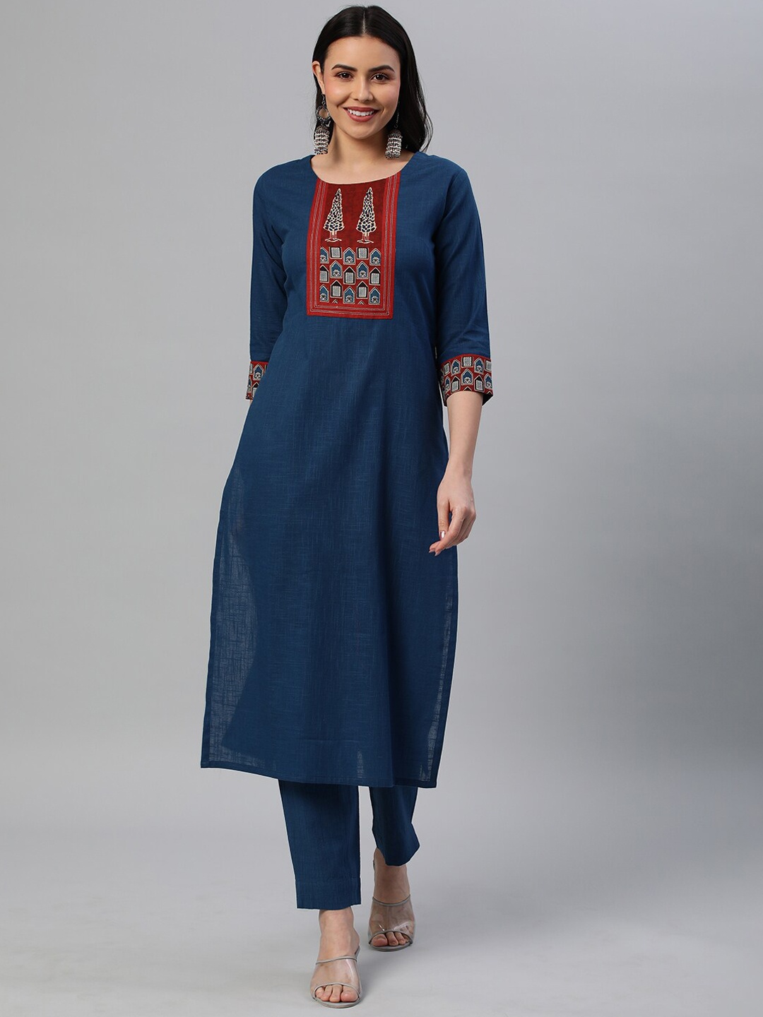 

KAMI KUBI Ethnic Motif Yoke Design Pure Cotton Straight Kurta, Blue