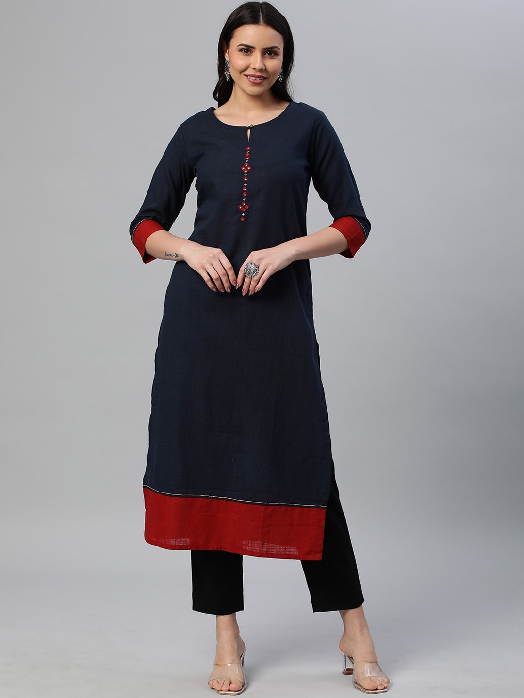 

KAMI KUBI Keyhole Neck Mirror Work Pure Cotton Kurta, Navy blue