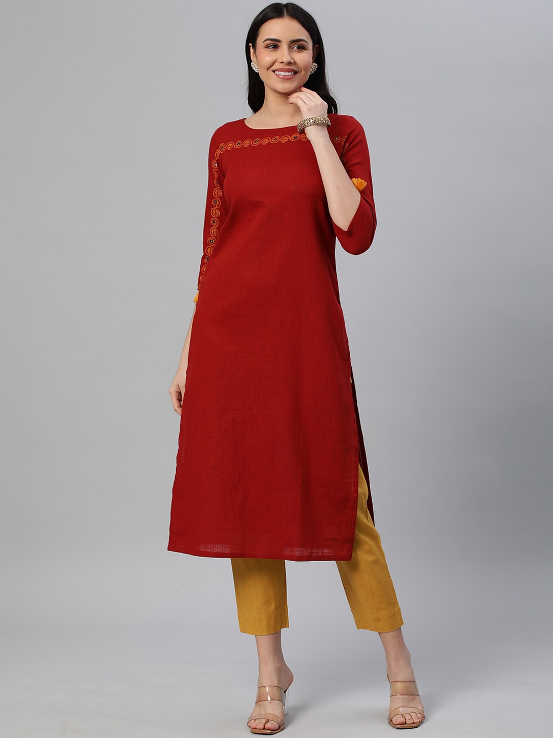 

KAMI KUBI Ethnic Motif Printed Mirror Work Pure Cotton Kurta, Maroon