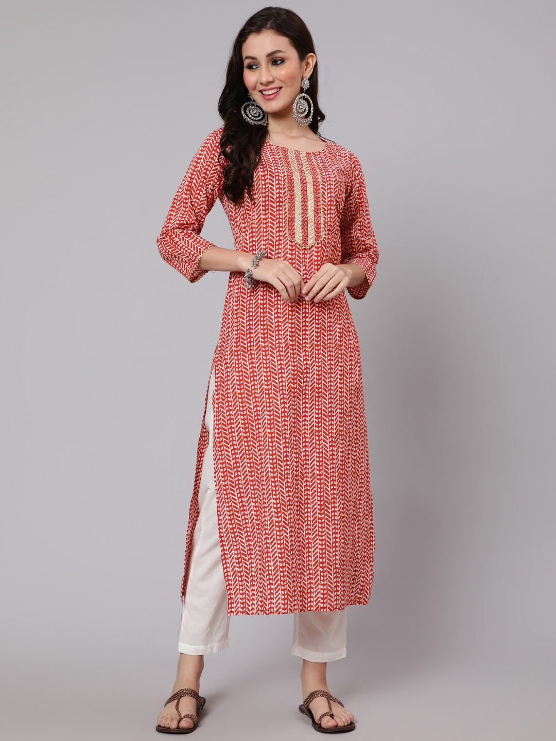 

Nayo Striped Printed Thread Work Cotton Straight Kurta, Red