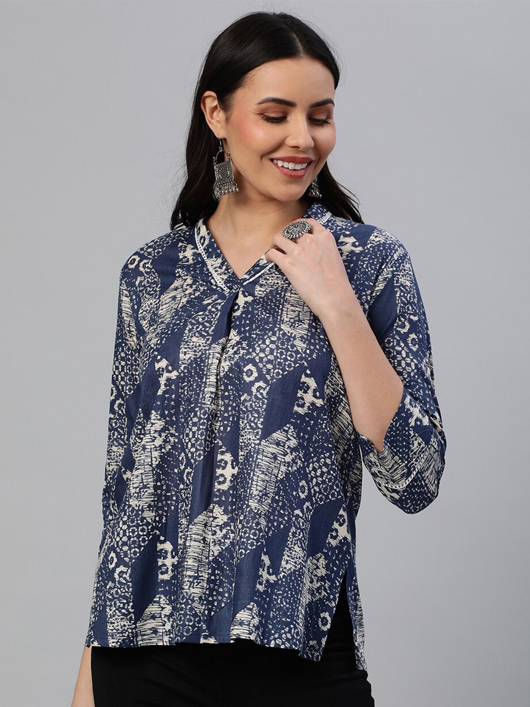 

KAMI KUBI Printed Lace Inserts A-LIne Pure Cotton Top, Navy blue