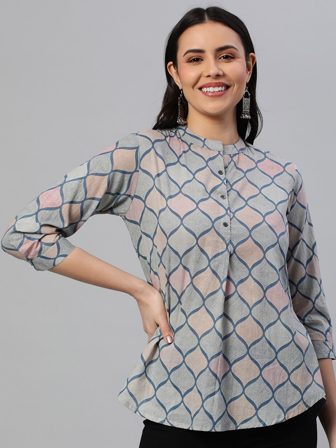 

KAMI KUBI High-Low Ethnic Motifs Print Mandarin Collar Cotton Tunic, Blue