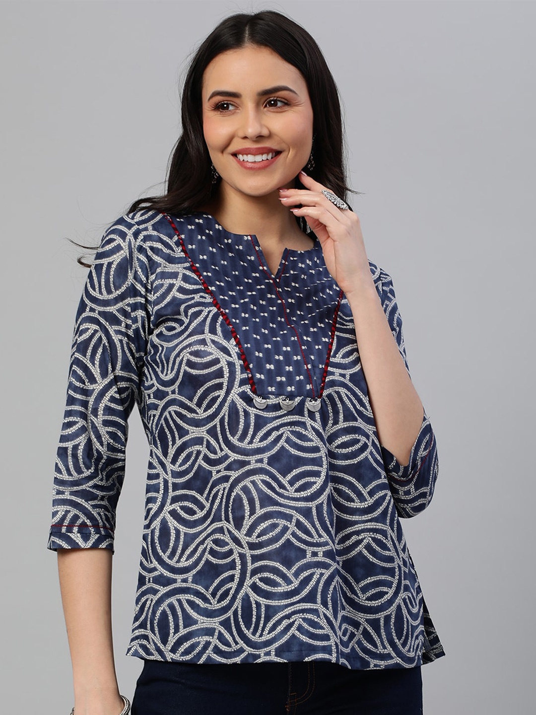 

KAMI KUBI Geometric Printed A-Line Pure Cotton Top, Navy blue