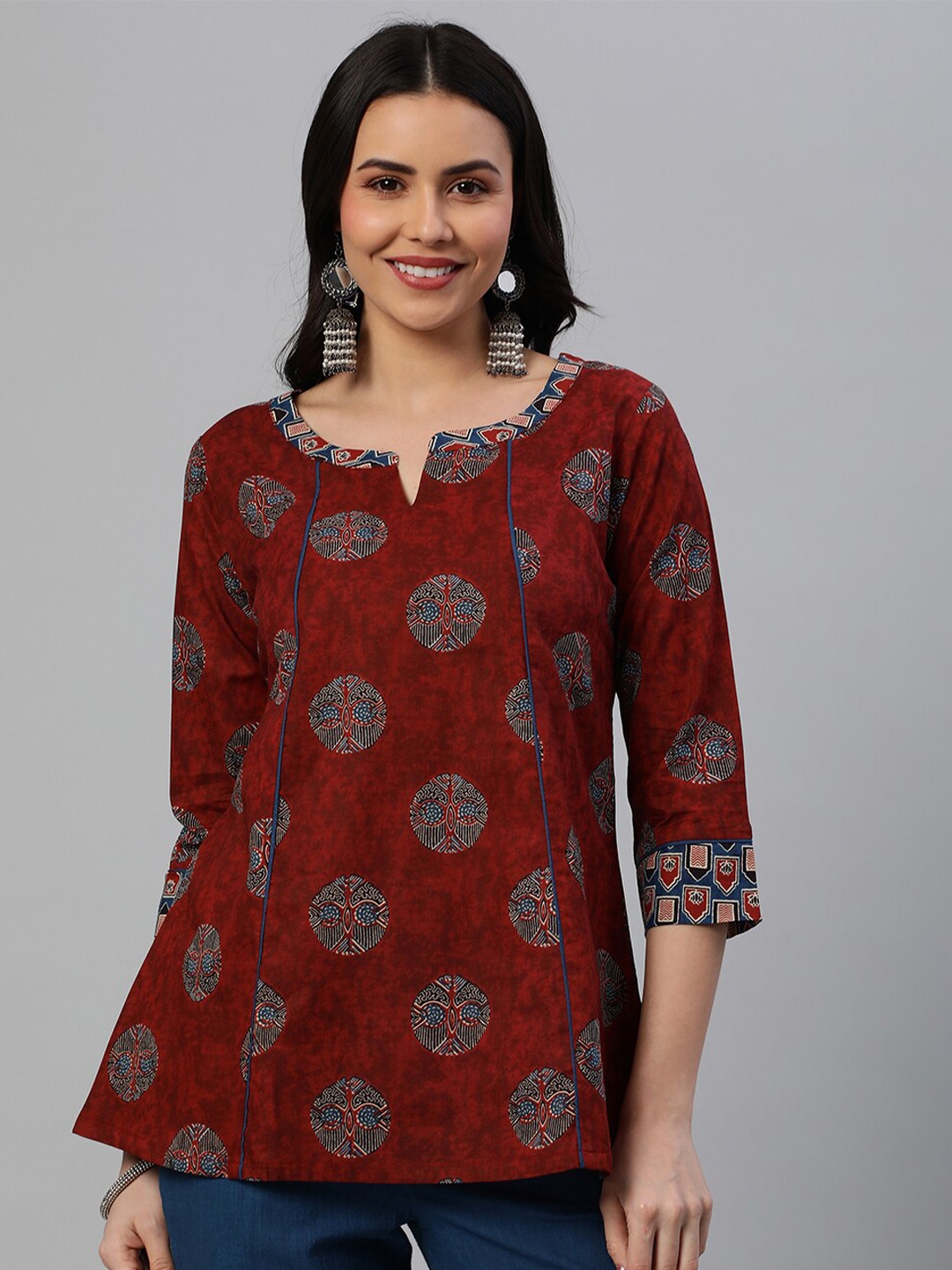 

KAMI KUBI Notched Neck Ethnic Motifs Print Cotton Tunic, Maroon