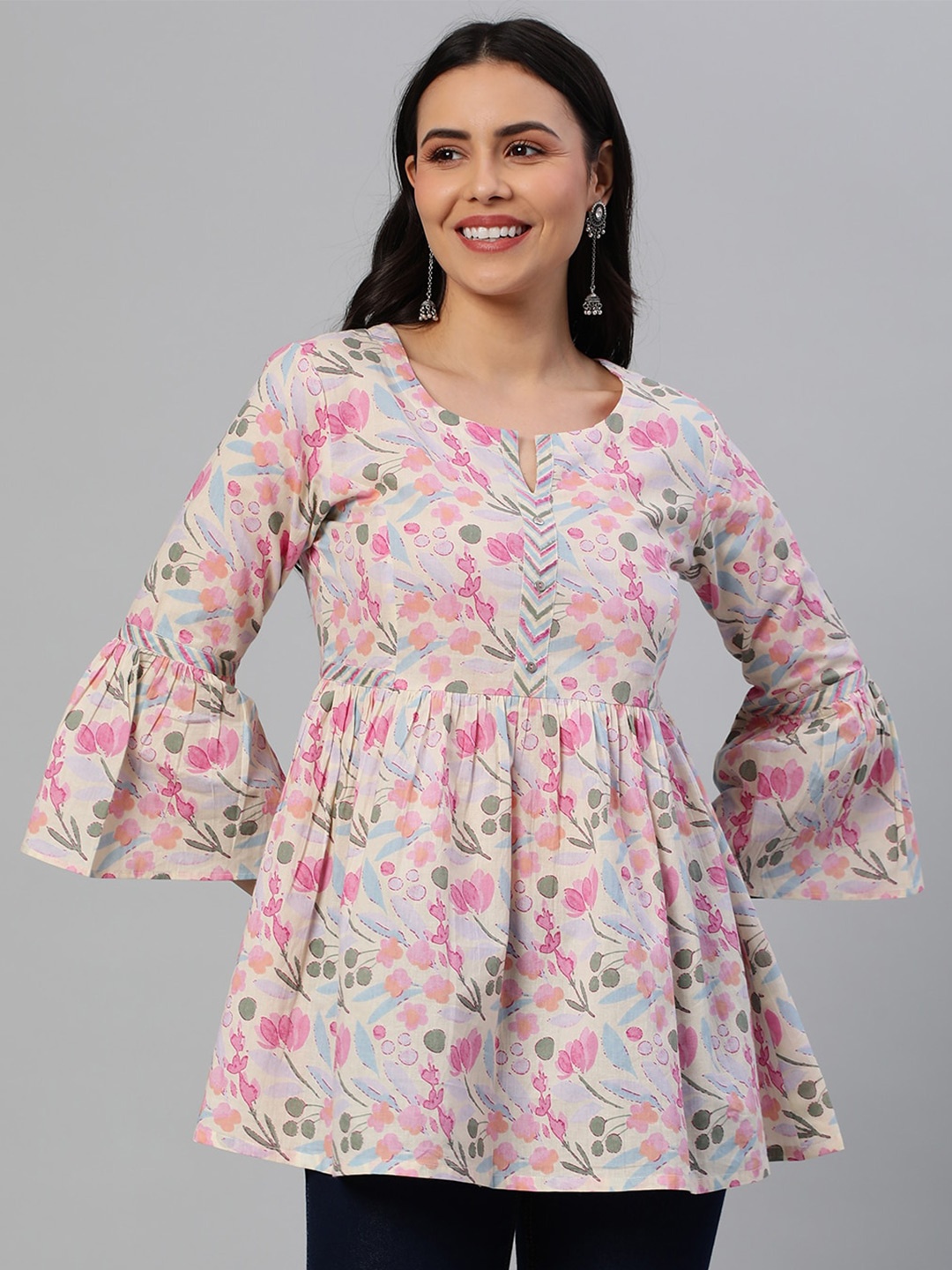 

KAMI KUBI Floral Printed Bell Sleeve Pure Cotton Peplum Longline Top, Cream