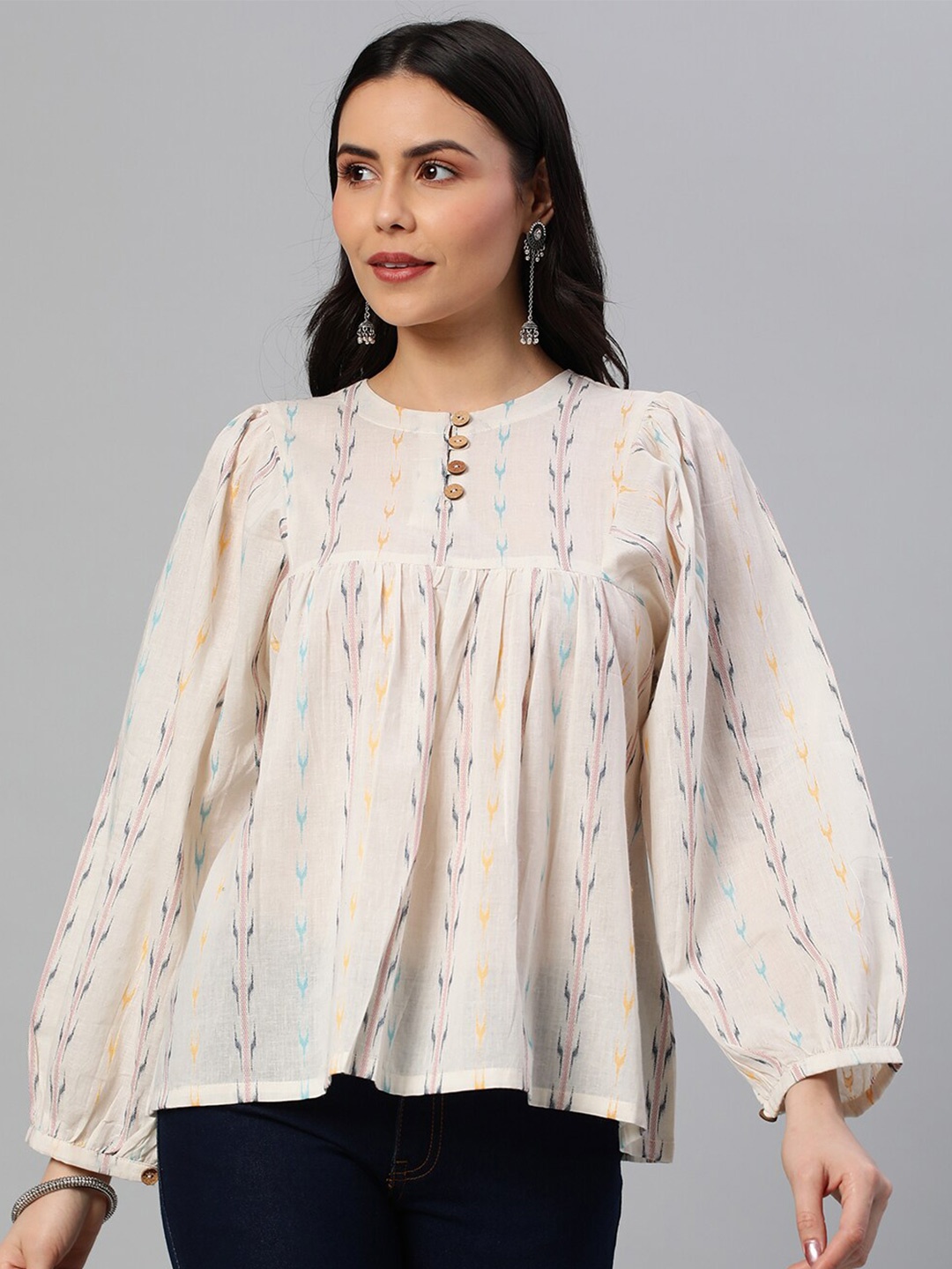 

KAMI KUBI Self Design Puff Sleeve A-Line Cotton Top, Off white