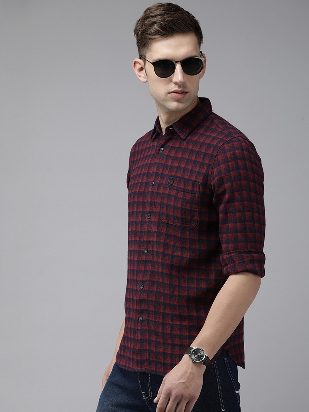 

THE BEAR HOUSE Slim Fit Opaque Checked Casual Shirt, Maroon