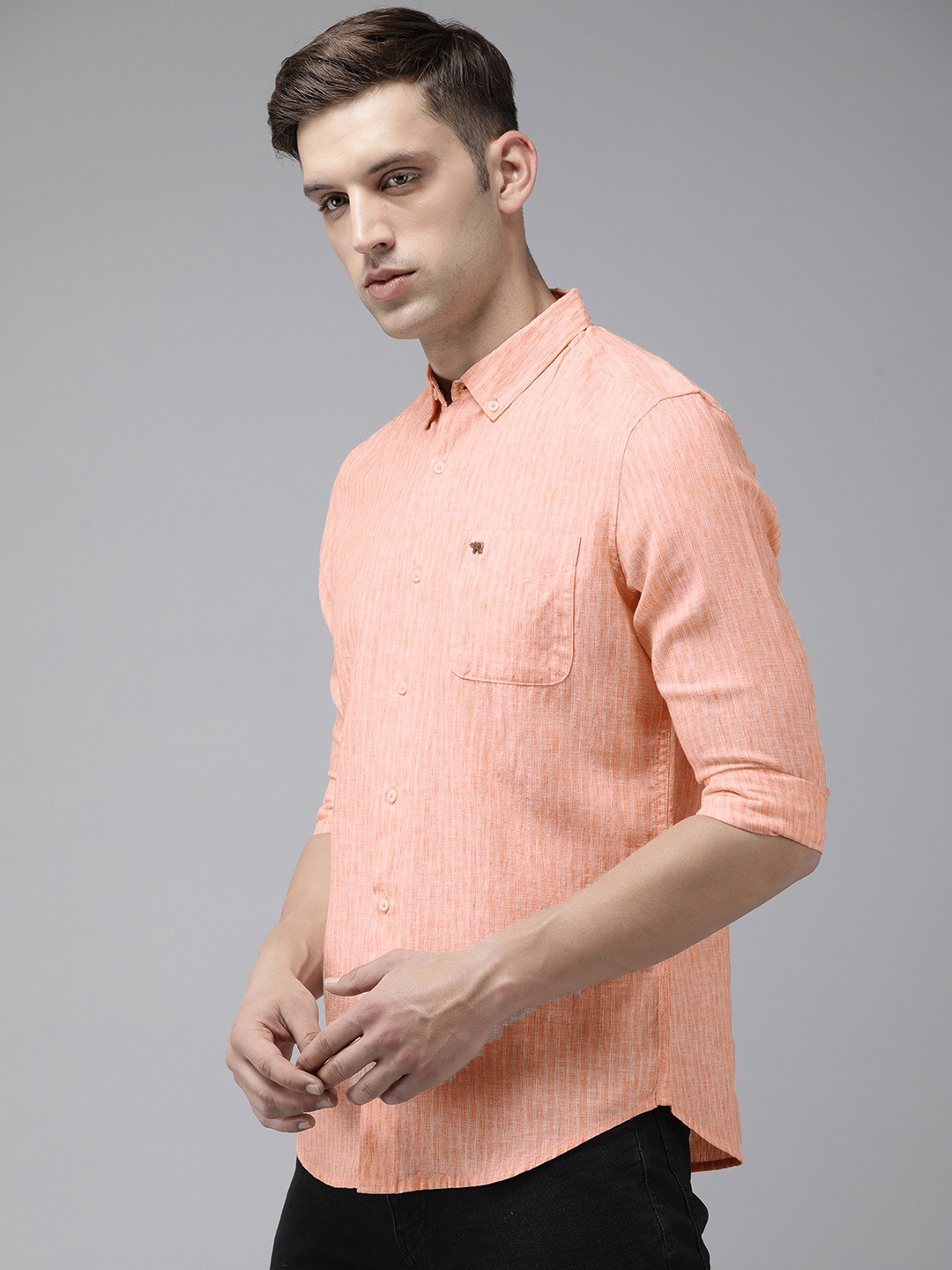

THE BEAR HOUSE Pure Cotton Slim Fit Opaque Striped Casual Shirt, Orange