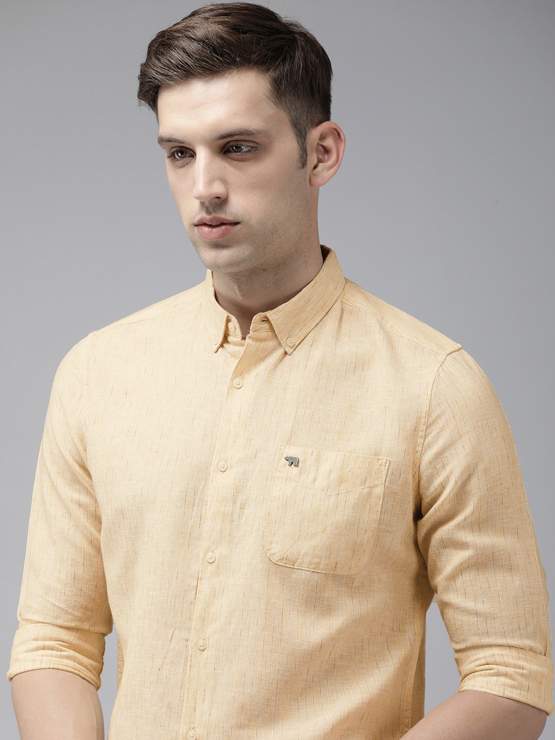 

THE BEAR HOUSE Pure Cotton Slim Fit Opaque Striped Casual Shirt, Yellow