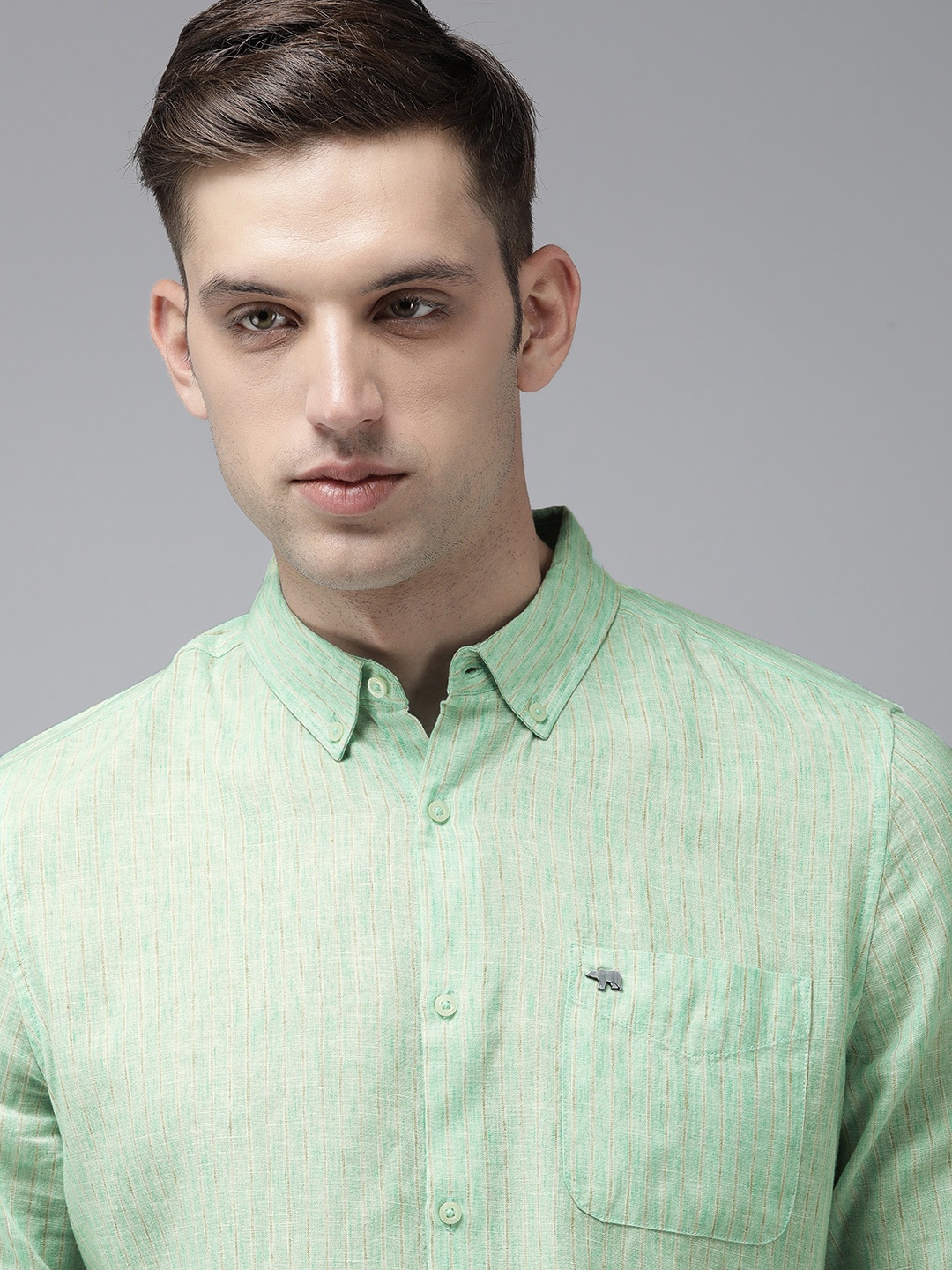 

THE BEAR HOUSE Pure Cotton Slim Fit Opaque Striped Casual Shirt, Green