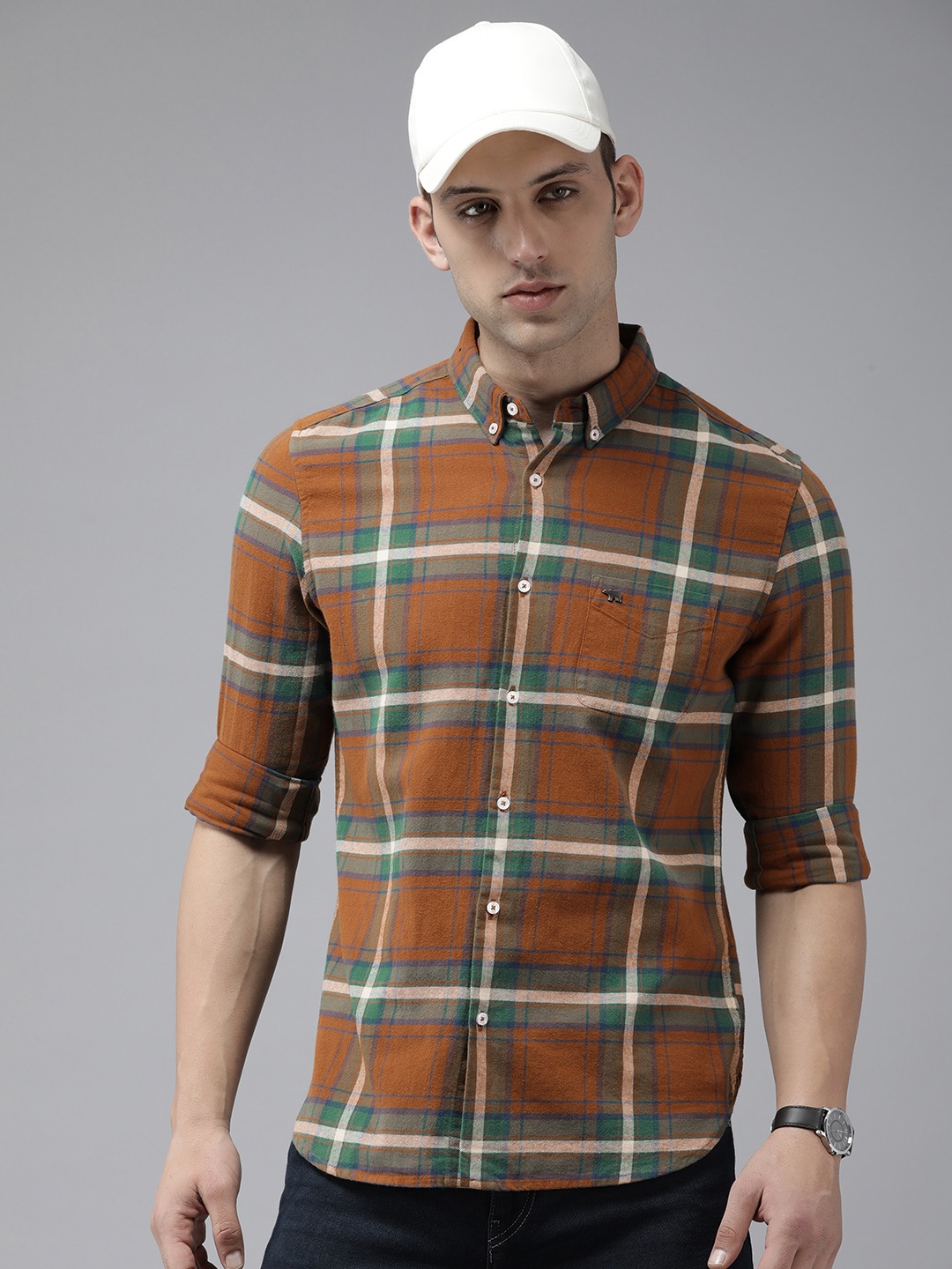 

THE BEAR HOUSE Pure Cotton Slim Fit Windowpane Checks Opaque Checked Casual Shirt, Rust