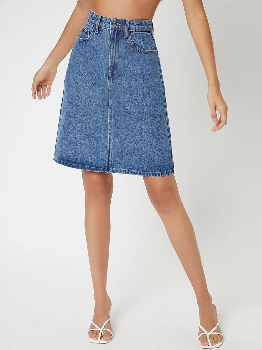 

Kotty Cotton Lycra Denim A-Line Skirt, Blue