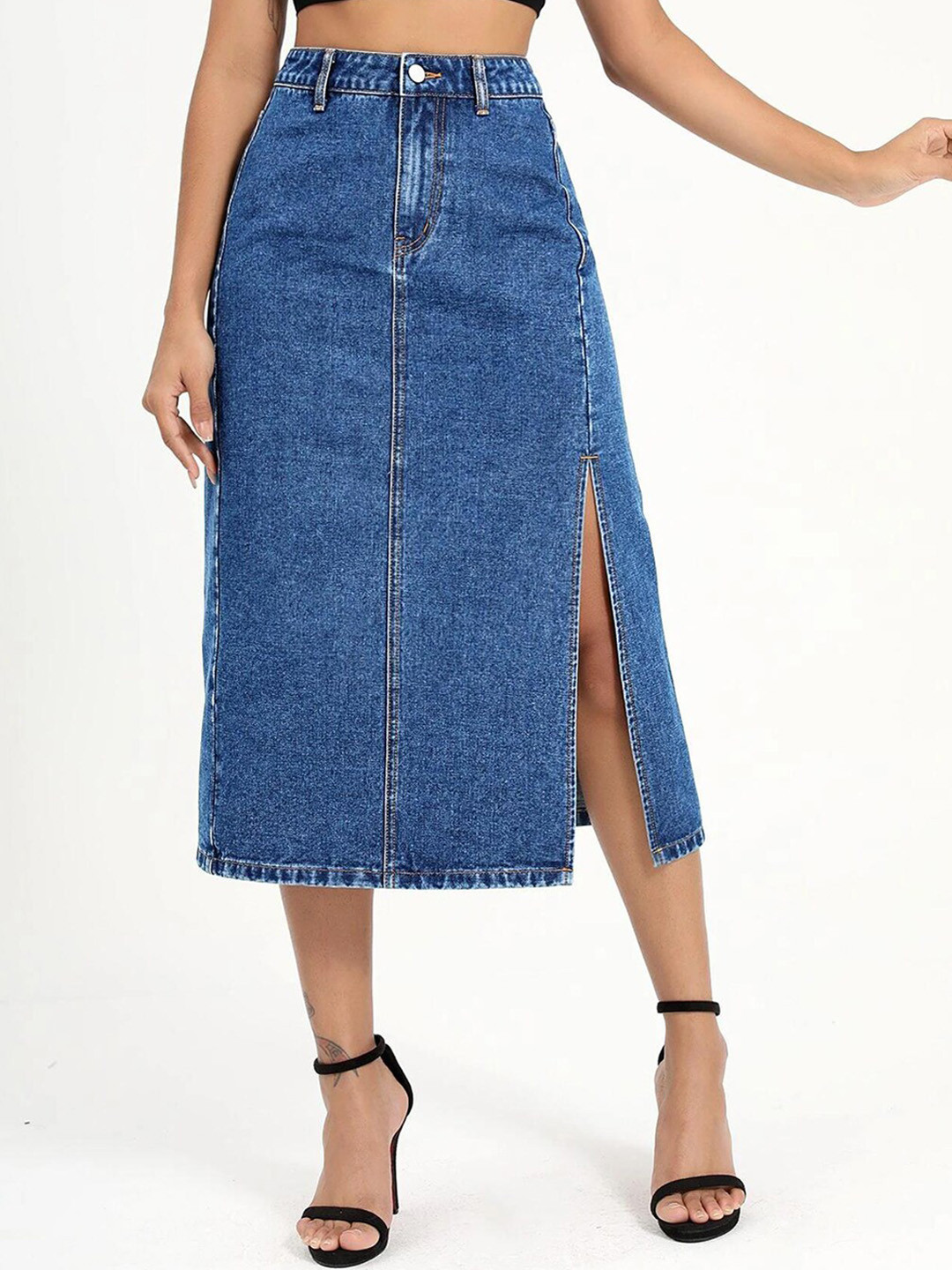 

Kotty Slit Hem A-line Denim Midi Skirt, Blue