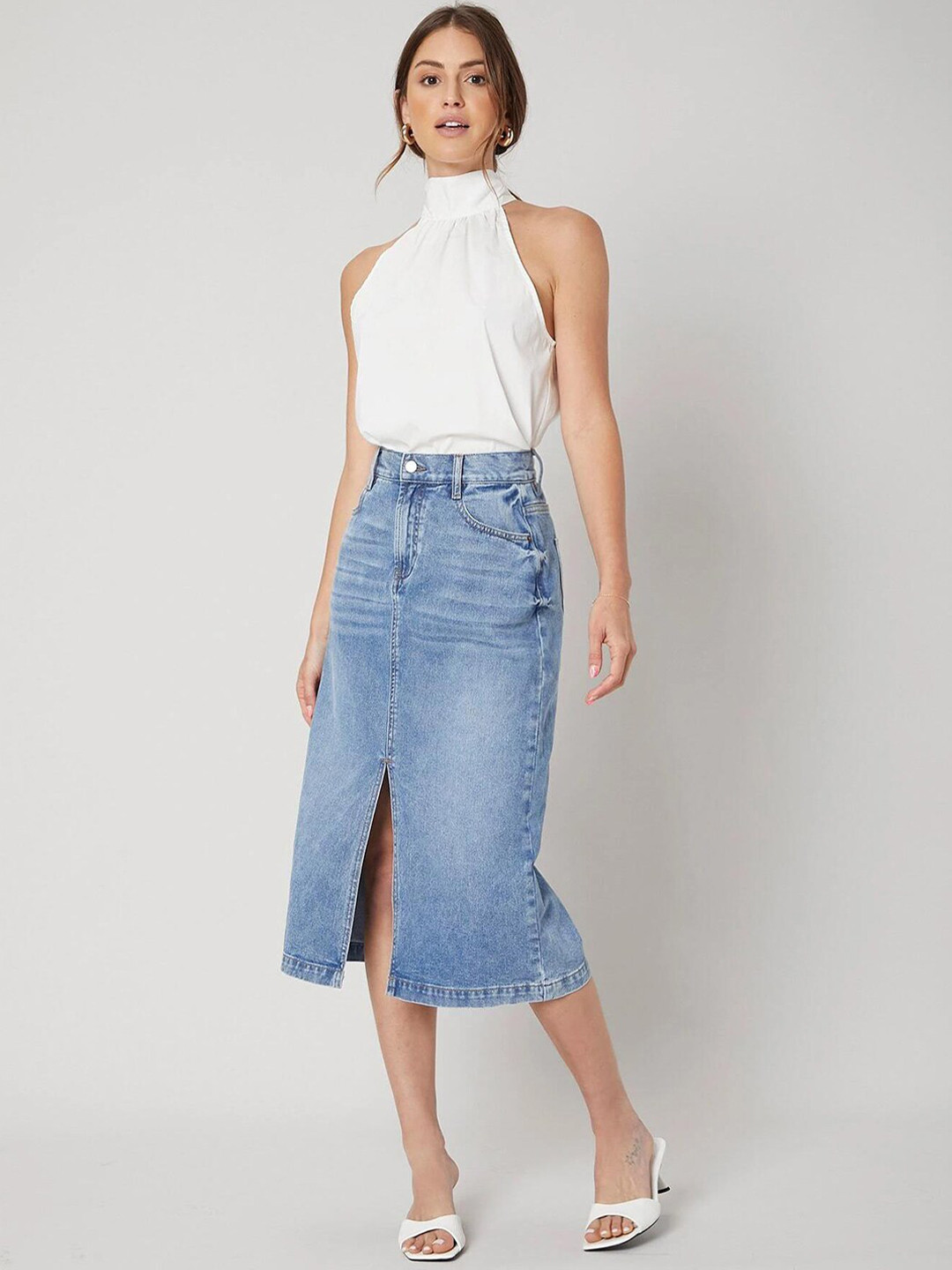 

Kotty Front Slit A-line Denim Midi Skirt, Blue
