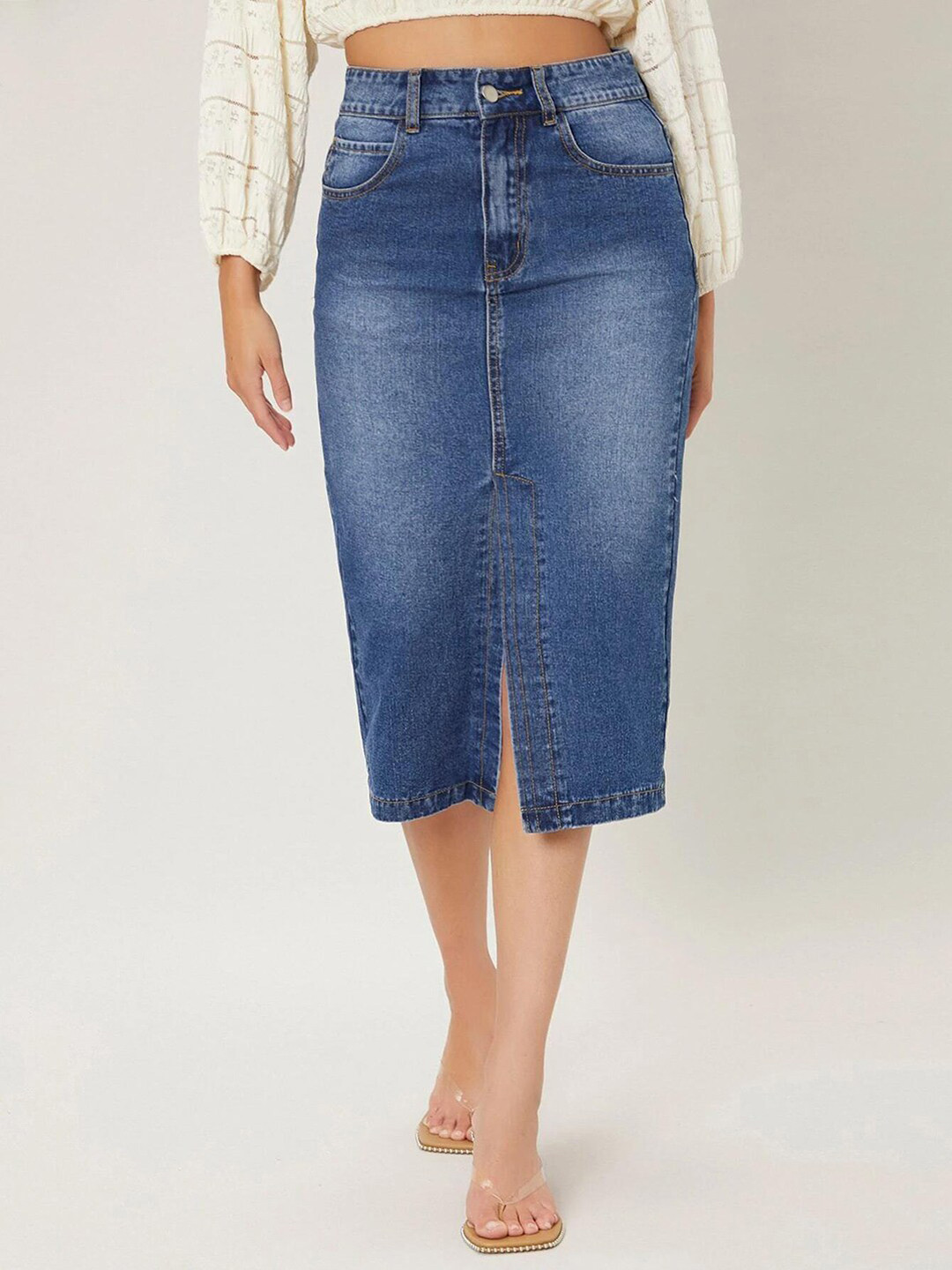 

Kotty Front Slit Pencil Midi Skirt, Blue