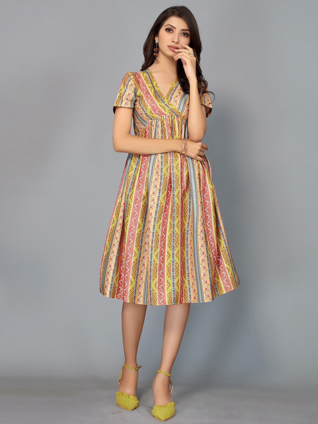 

Selvia Ethnic Motifs Print Crepe Fit & Flare Dress, Yellow