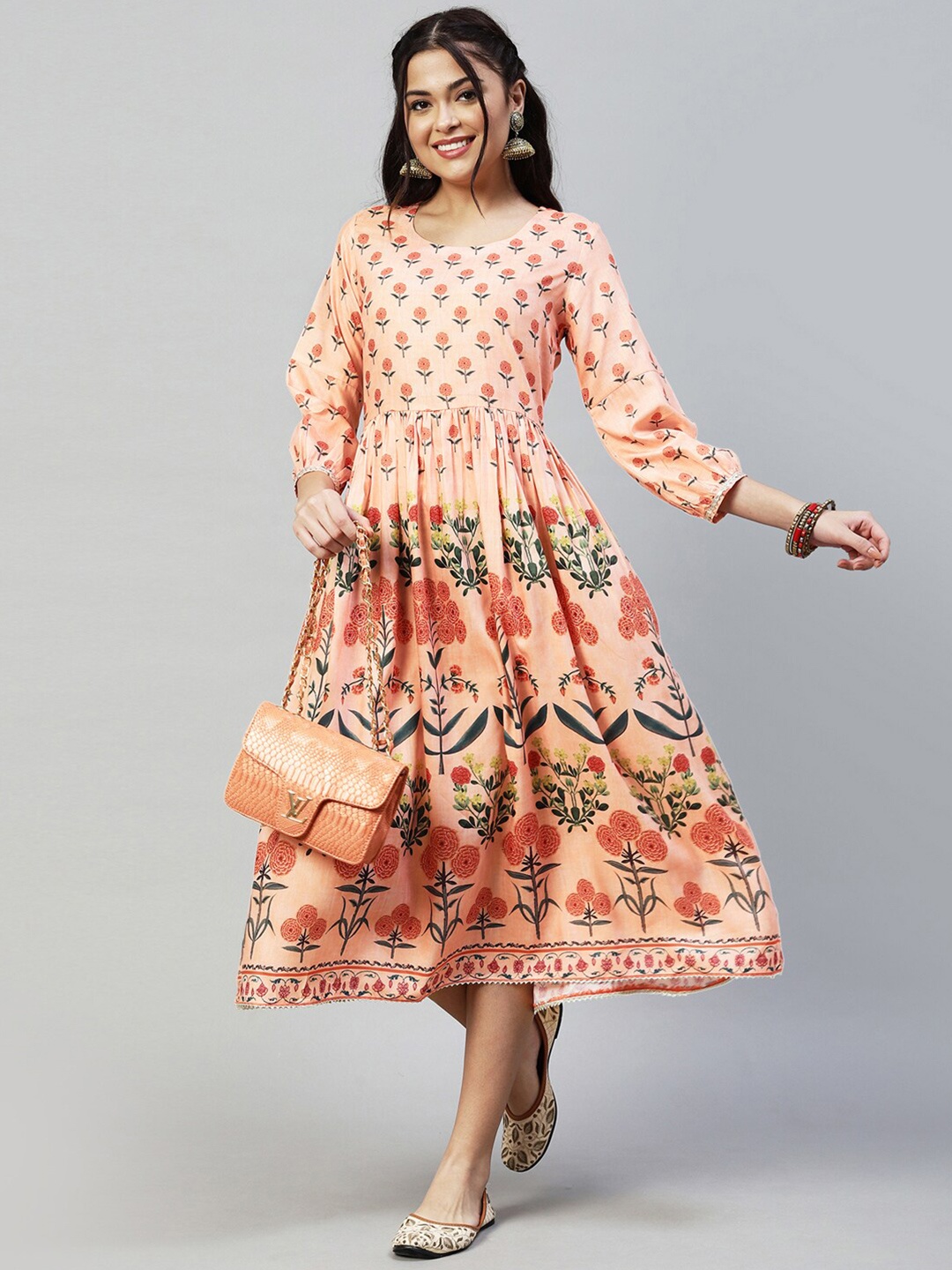 

Selvia Floral Printed Fit & Flare Ethnic Dress, Peach