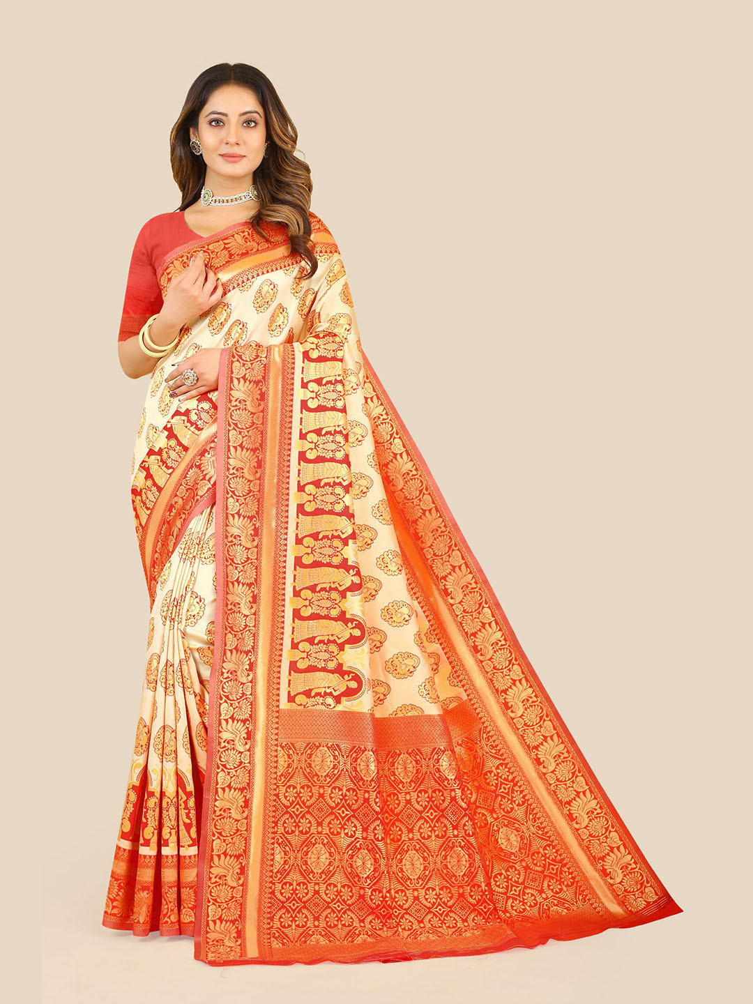 

VAIRAGEE Ethnic Woven Design Zari Banarasi Saree, Off white
