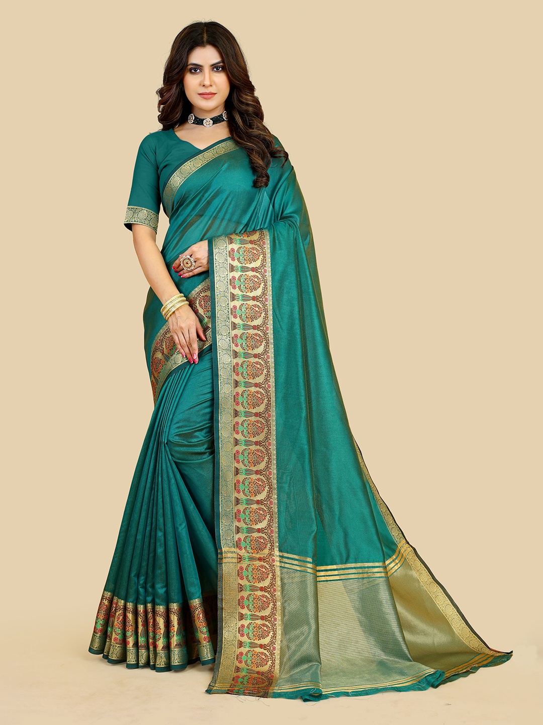 

VAIRAGEE Zari Poly Silk Banarasi Saree, Turquoise blue