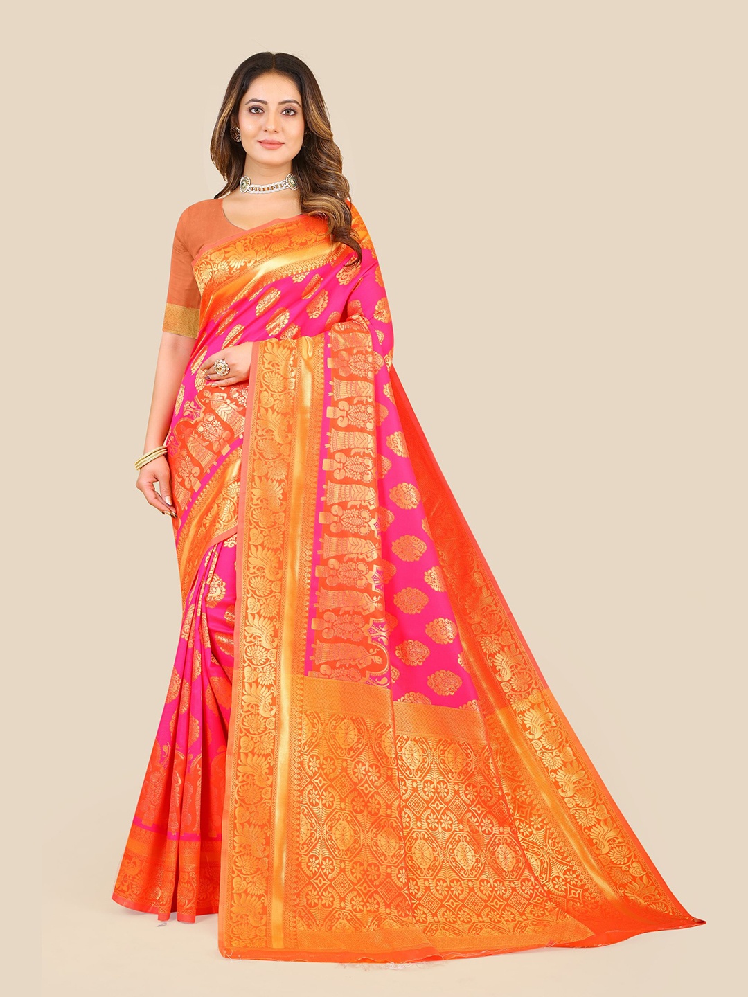 

VAIRAGEE Ethnic Woven Design Zari Banarasi Saree, Pink