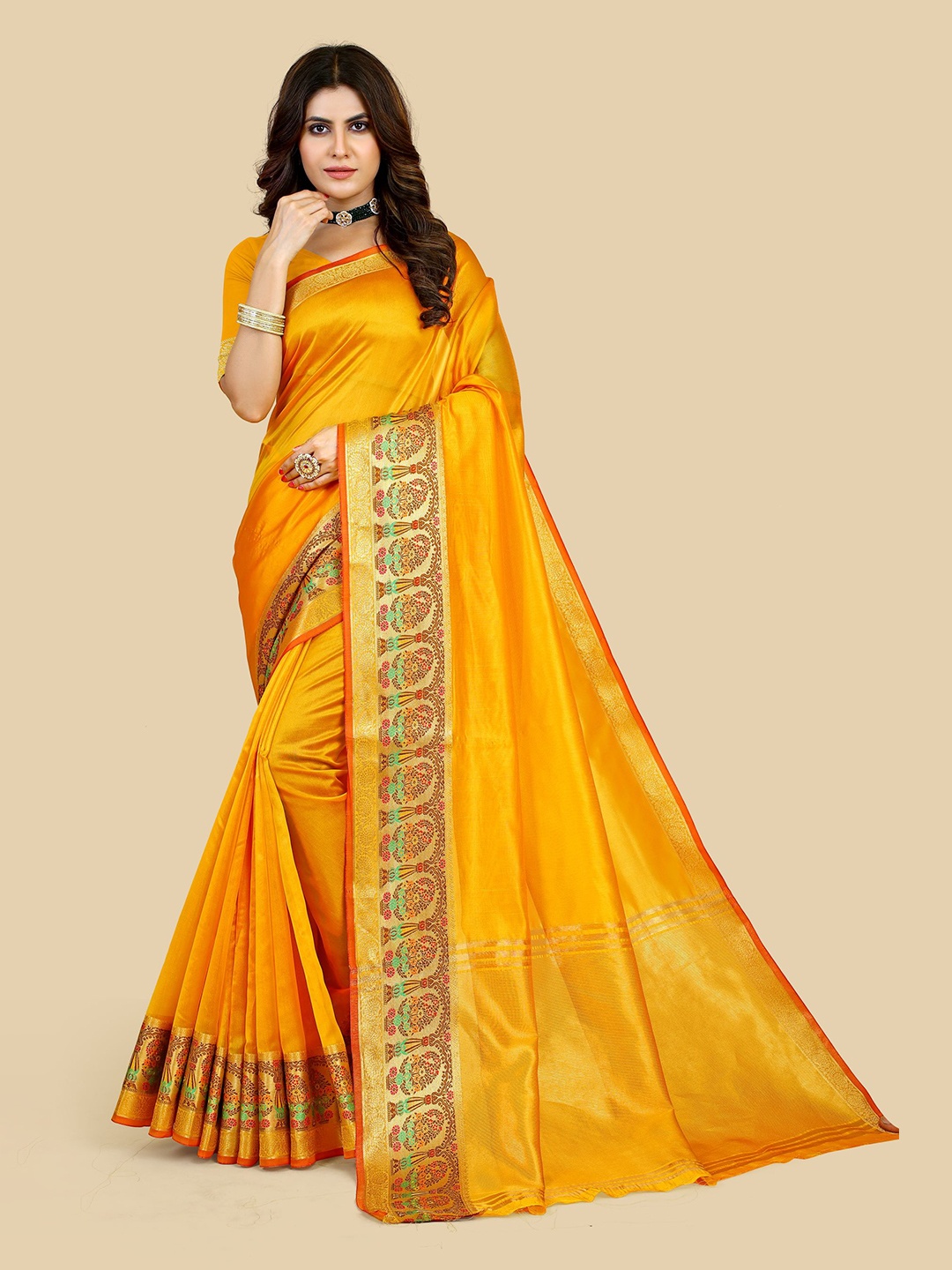 

VAIRAGEE Zari Poly Silk Banarasi Saree, Orange