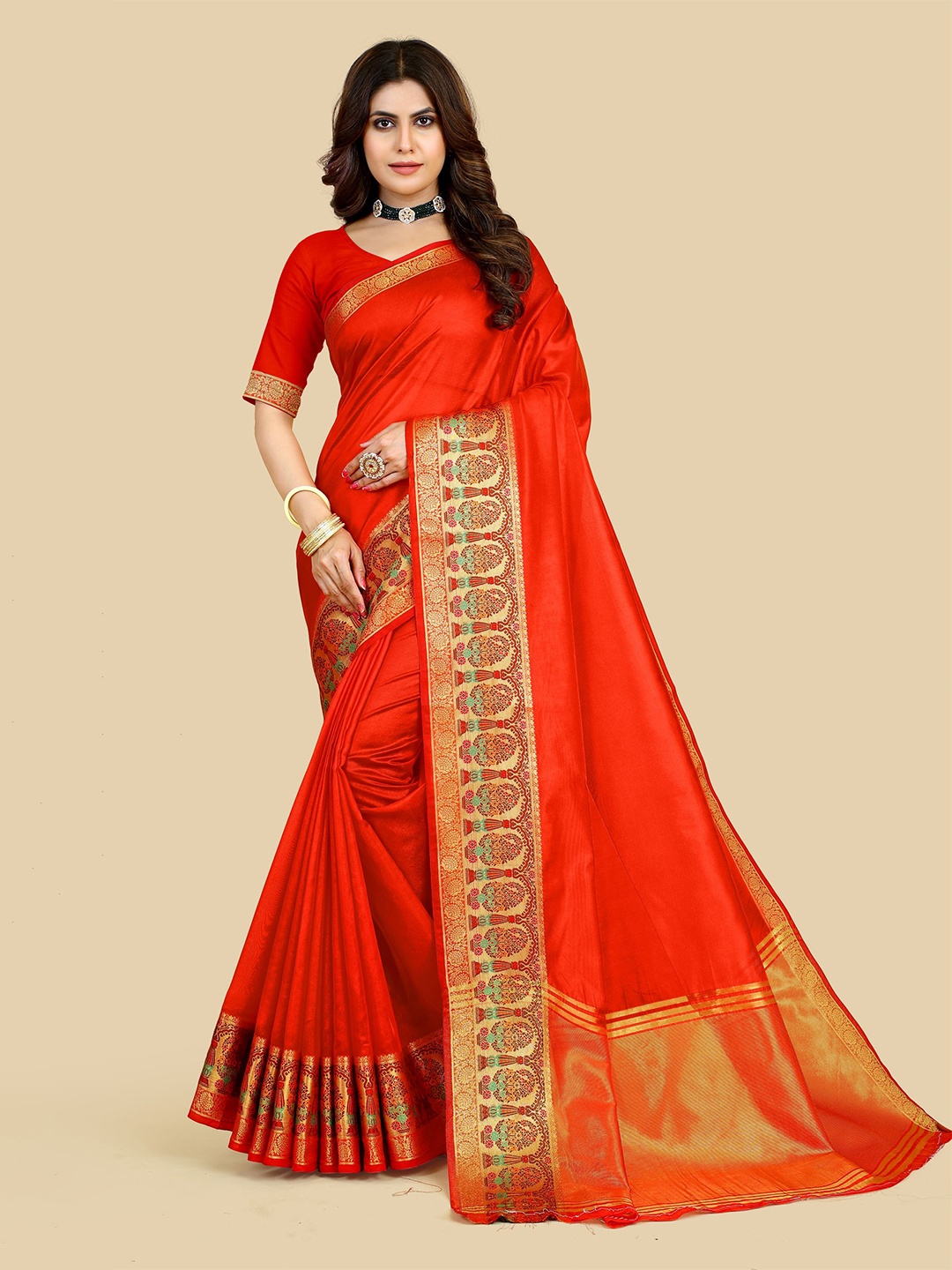 

VAIRAGEE Woven Design Zari Border Banarasi Saree, Red