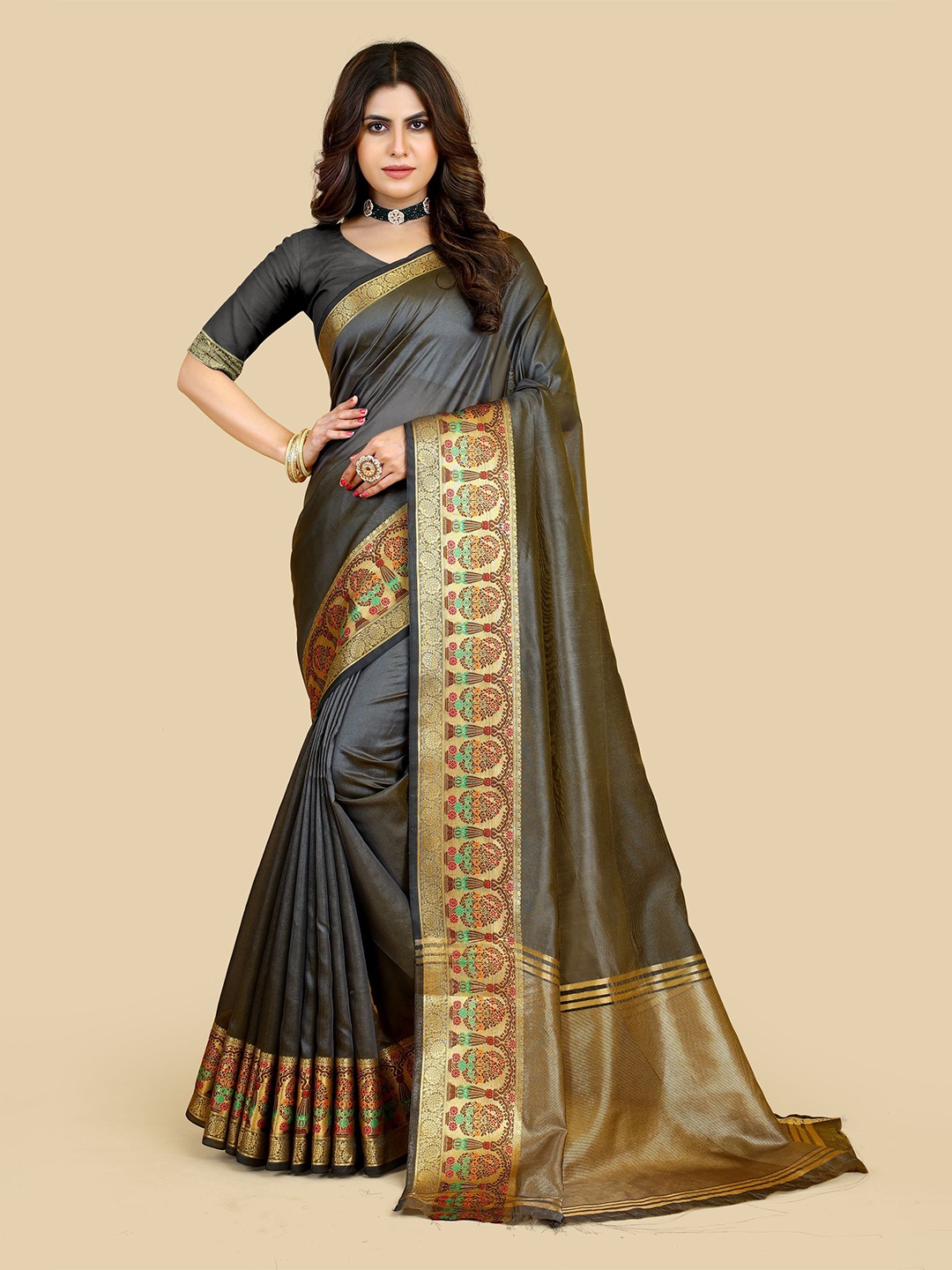 

VAIRAGEE Zari Poly Silk Banarasi Saree, Grey