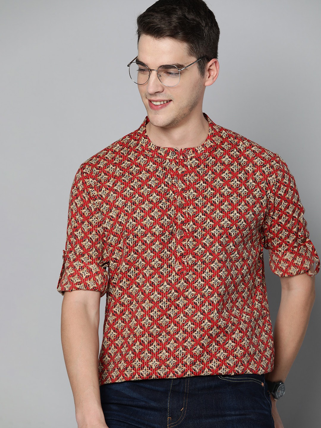 

MALHAAR Floral Printed Notched Neck Cotton Straight Short Kurta, Orange
