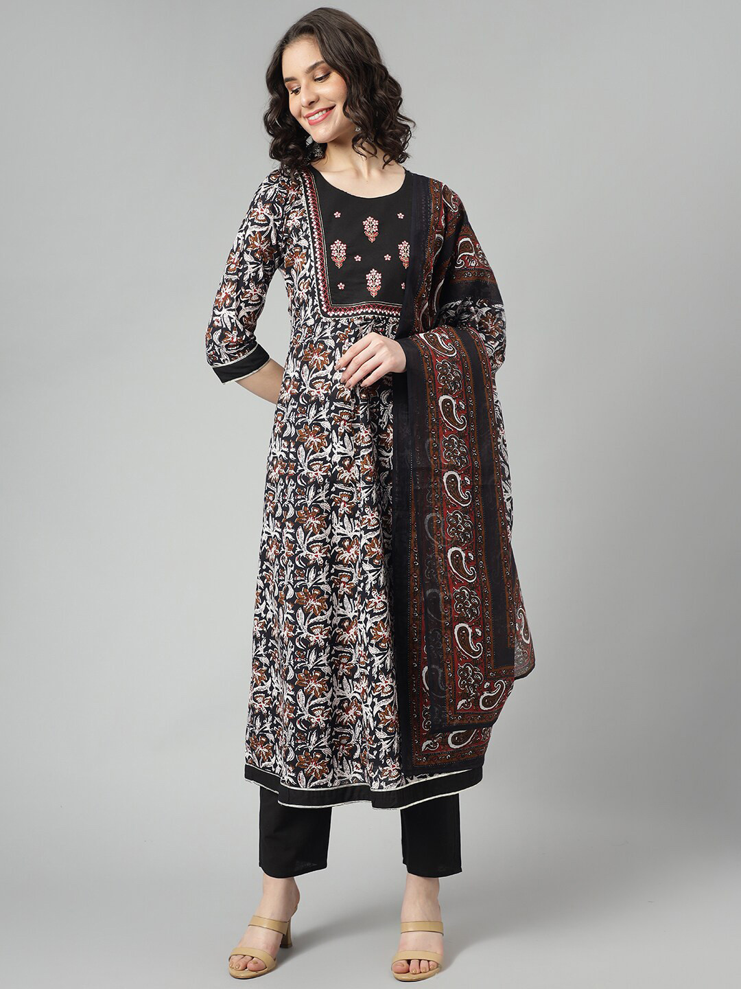 

KALINI Floral Printed Thread Work Pure Cotton Kurta With Trousers & Dupatta, Black