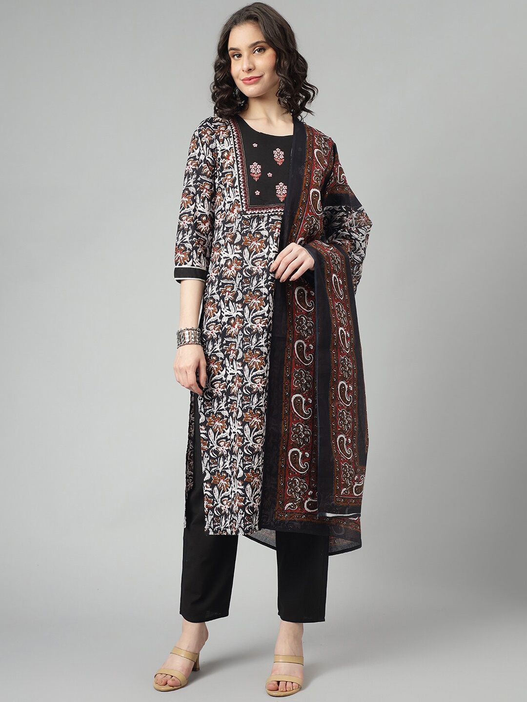 

KALINI Floral Printed Thread Work Pure Cotton Kurta With Trousers & Dupatta, Black