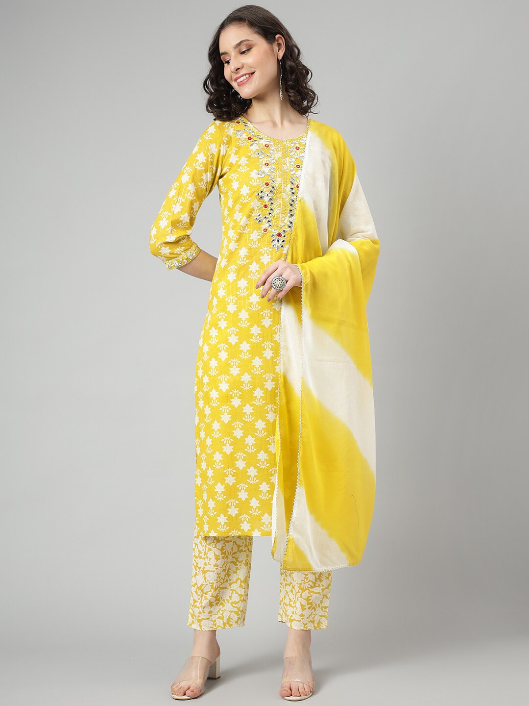 

KALINI Floral Printed Mirror Work Pure Cotton Kurta with Trousers & Dupatta, Yellow