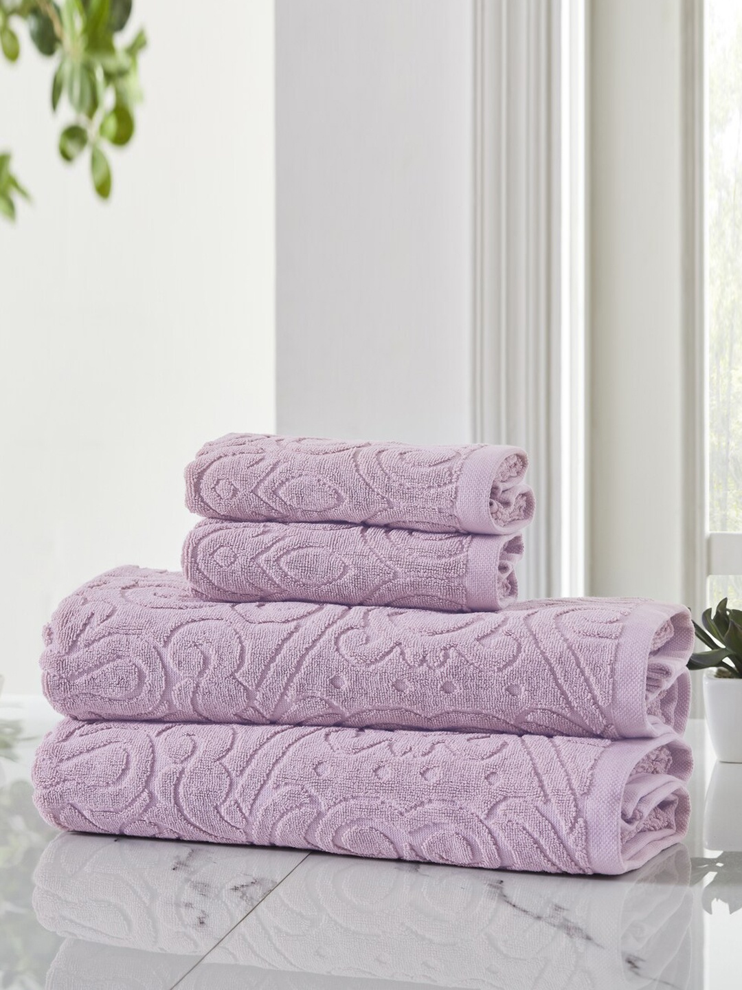 

HOUMN Set of 2 Self Design 600 GSM Terry Cotton Hand Towels, Lavender
