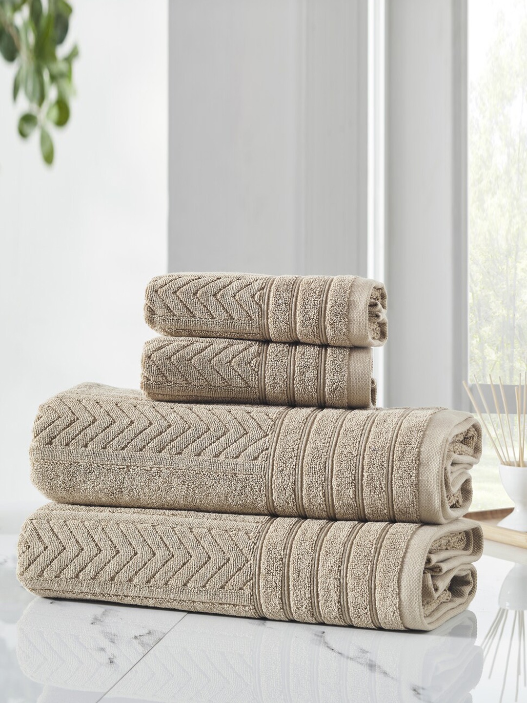 

HOUMN Set of 2 Self Design 600 GSM Terry Cotton Hand Towels, Beige