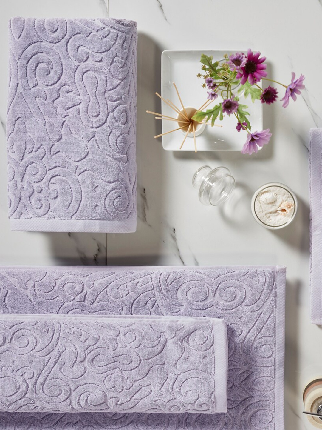 

HOUMN Set Of 2 Self Design Hand Towels - GSM 600, Lavender