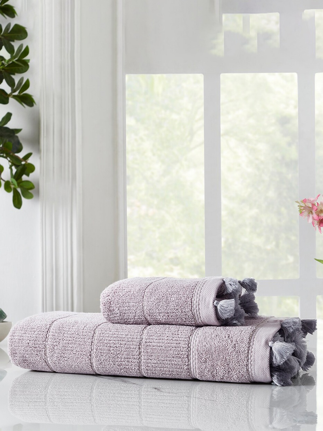 

HOUMN Amelia Porpoise Grey 2-Pcs Striped 600 GSM Terry Cotton Tasselled Hand Towels