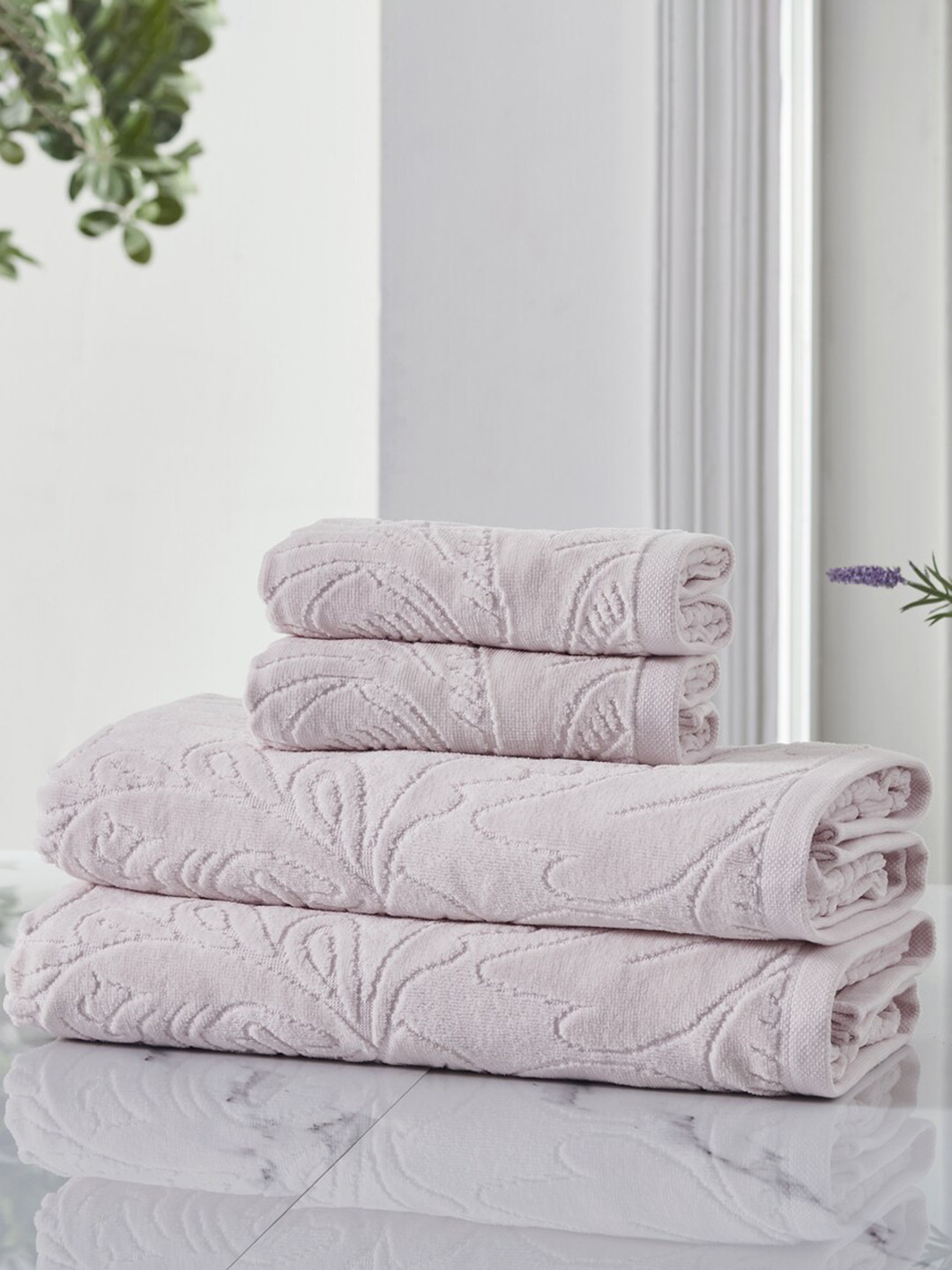 

HOUMN Accent Rose Pink 2-Pcs Self-Design Terry Cotton 550 GSM Hand Towels