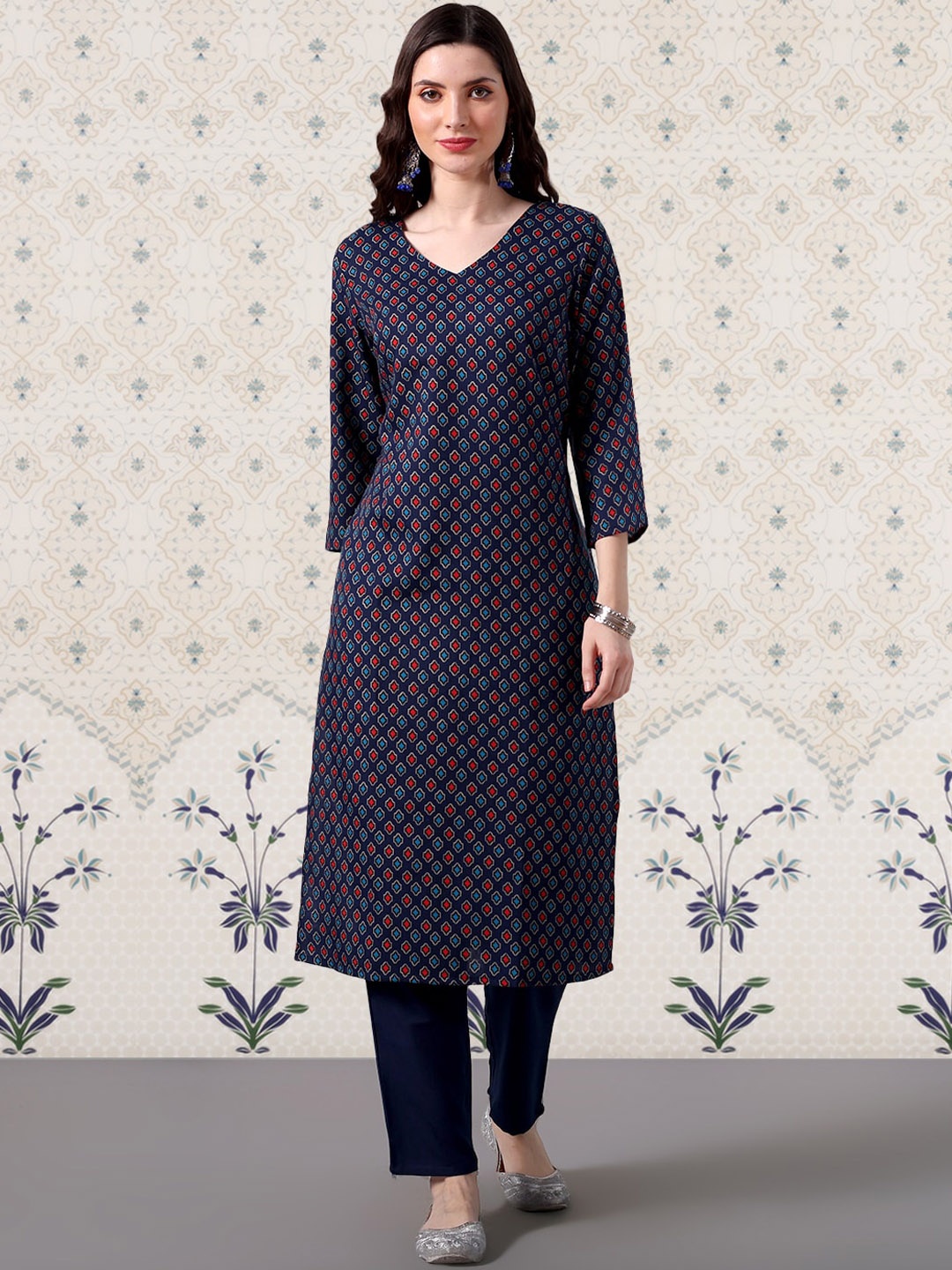 

Ode by House of Pataudi Geometric Printed Regular Kurta With Trousers, Navy blue